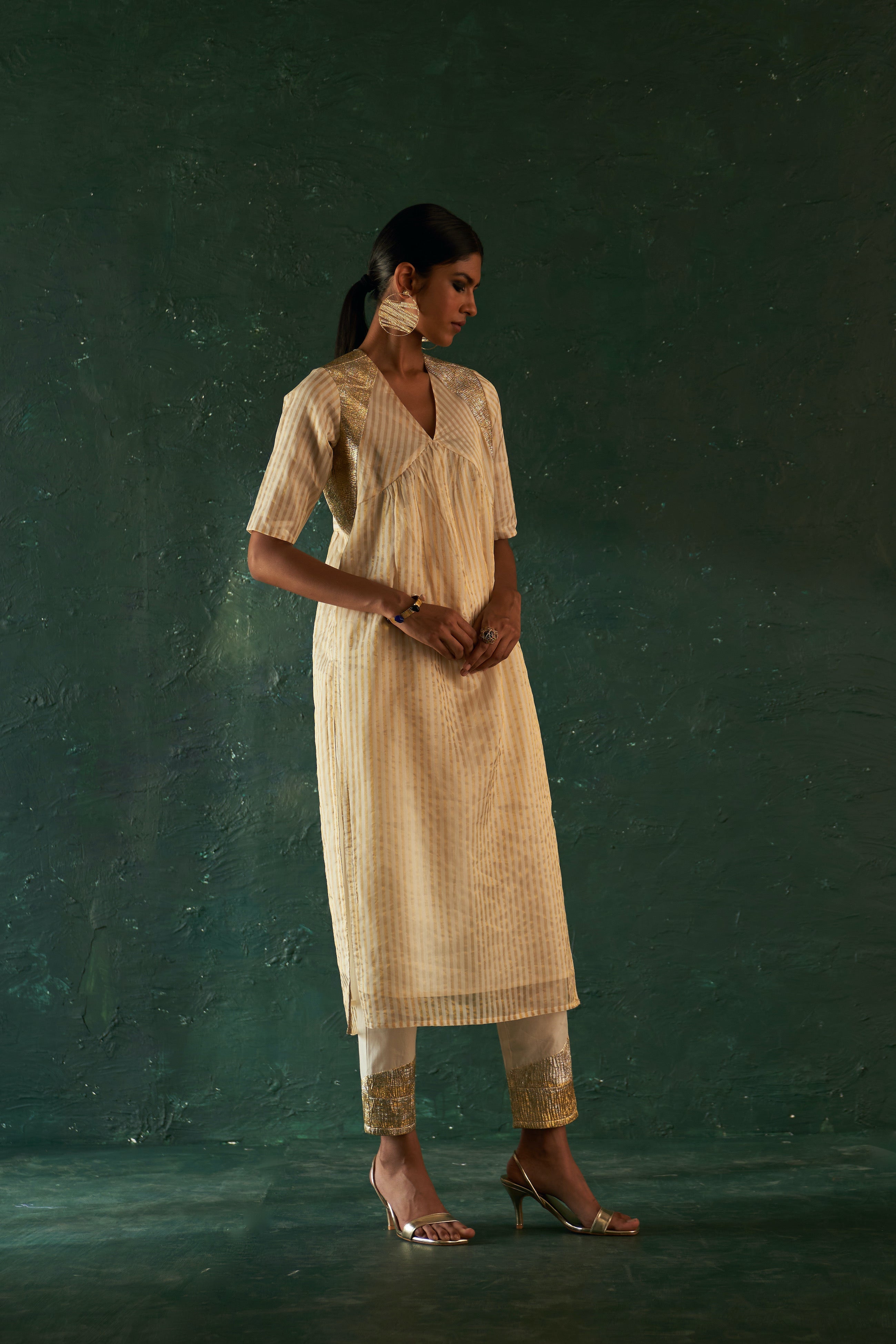 CY Charkhee Ivory Tissue Stripe Kurta Front 2