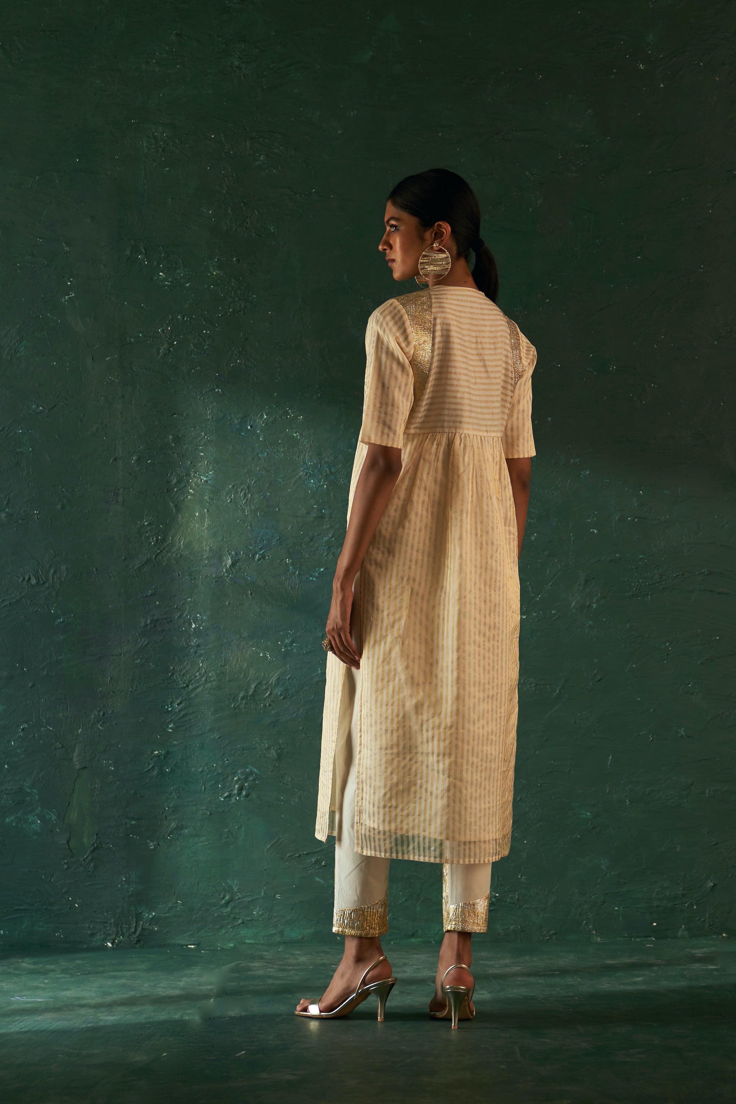 CY Charkhee Ivory Tissue Stripe Kurta Back 1