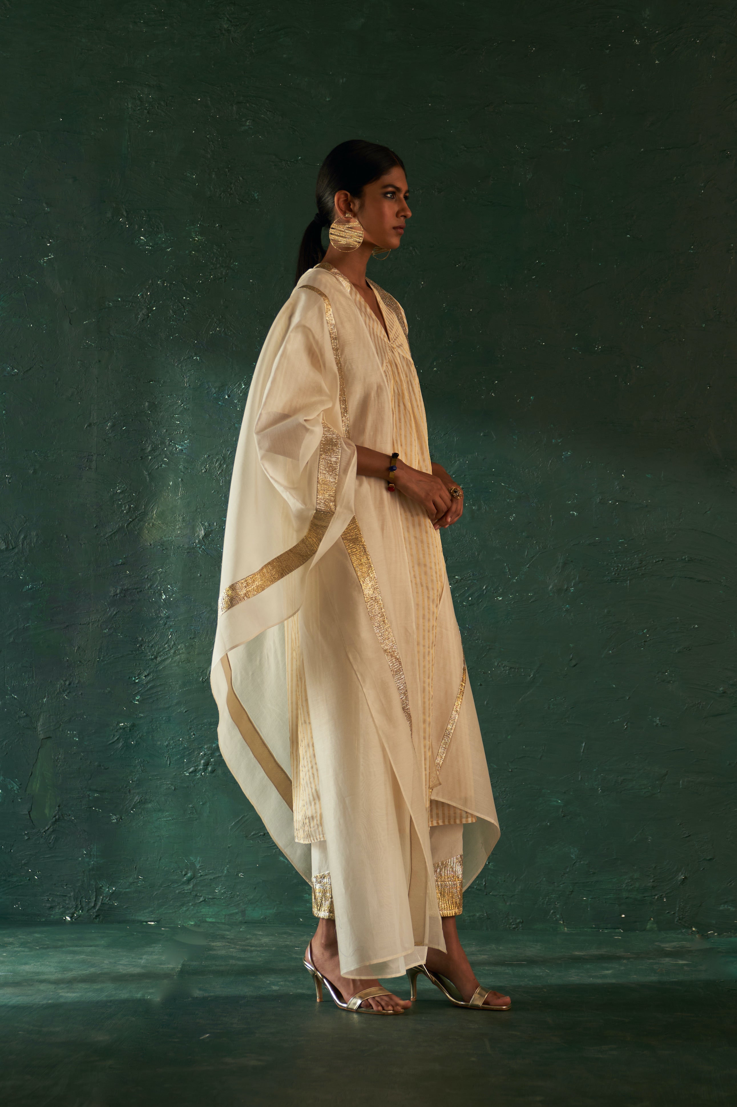 CY Charkhee Ivory Tissue Stripe Kurta Side 1