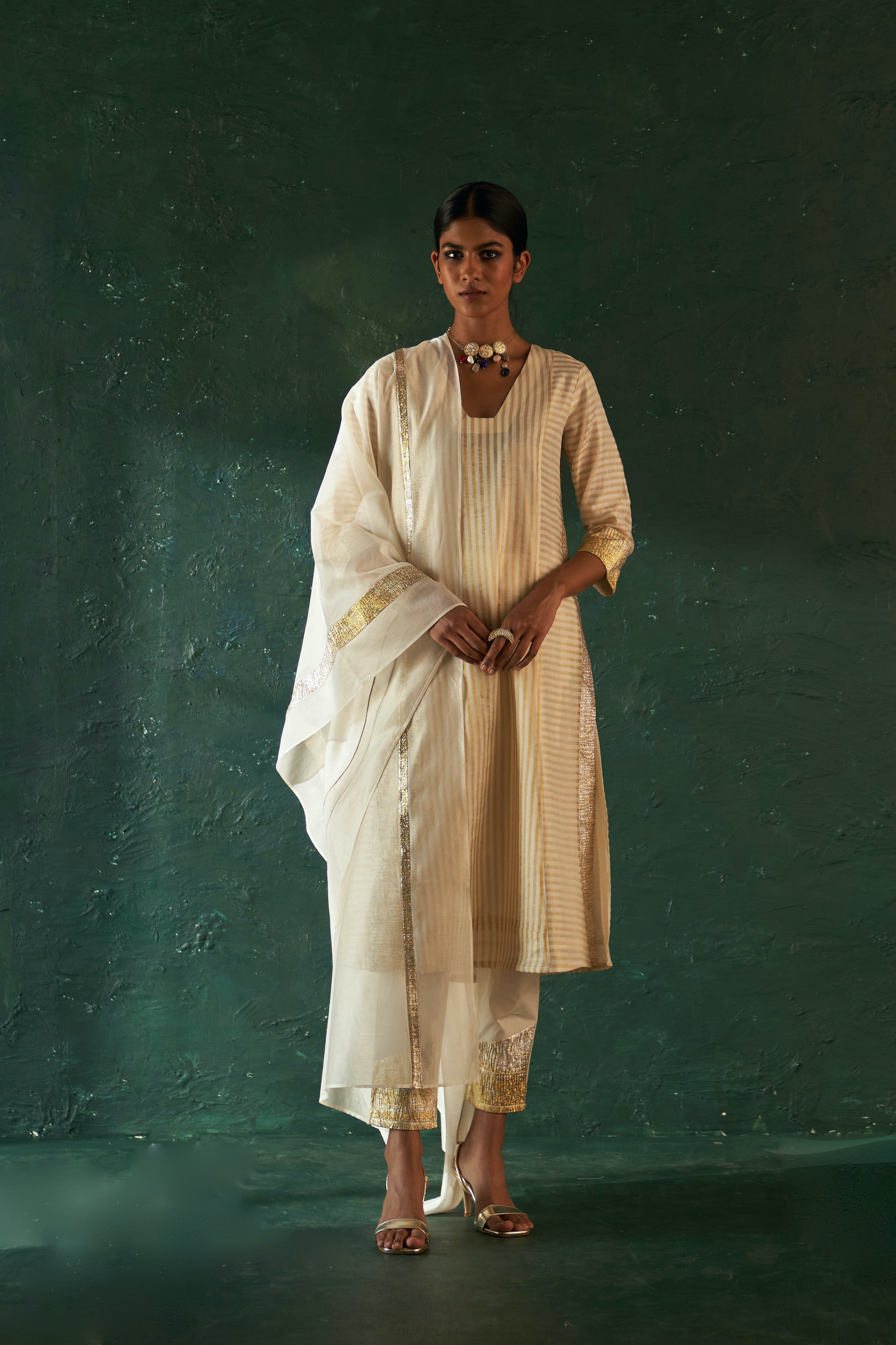 CY Charkhee Ivory Stripe Kurta Front 1