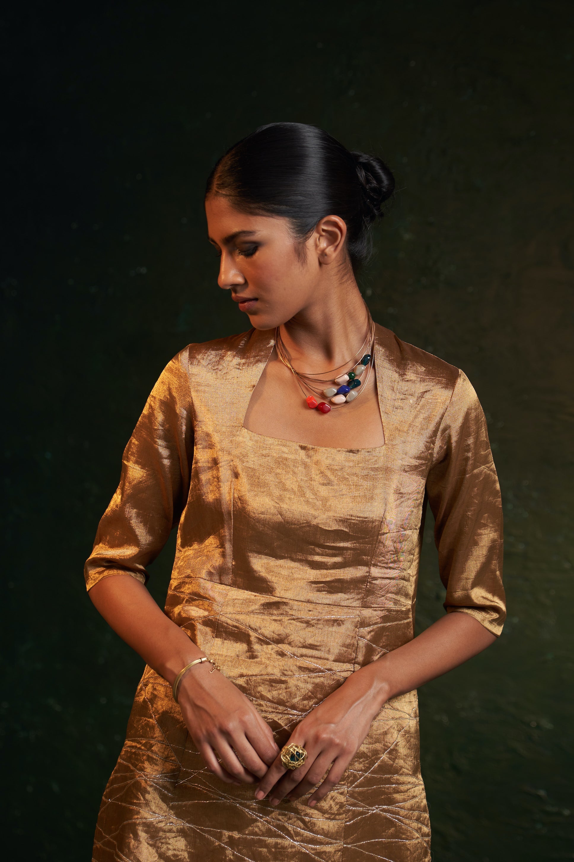 CY Charkhee Gold Tissue Kurta Closeup 1