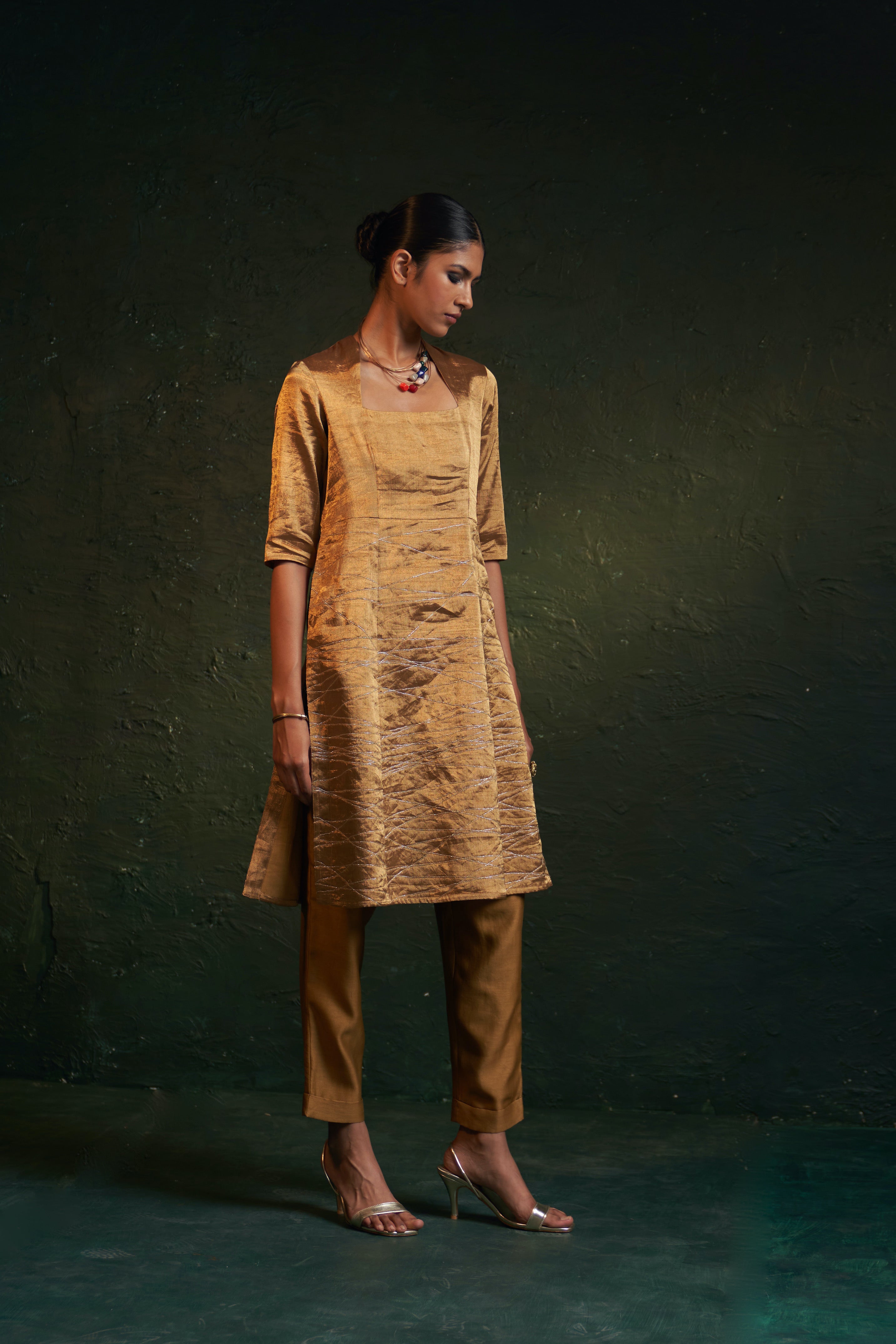 CY Charkhee Gold Tissue Kurta Front 2