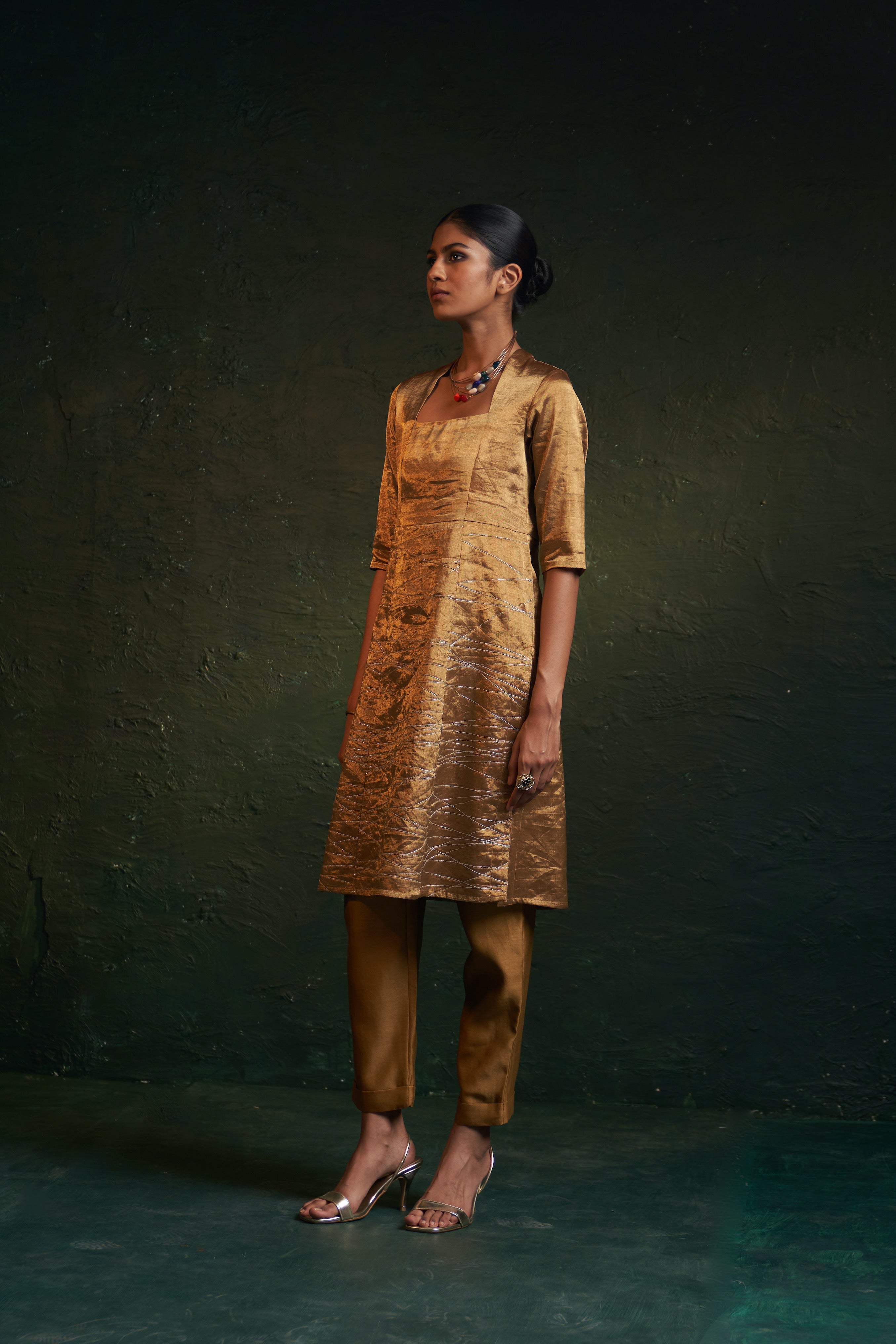 CY Charkhee Gold Tissue Kurta Front 3