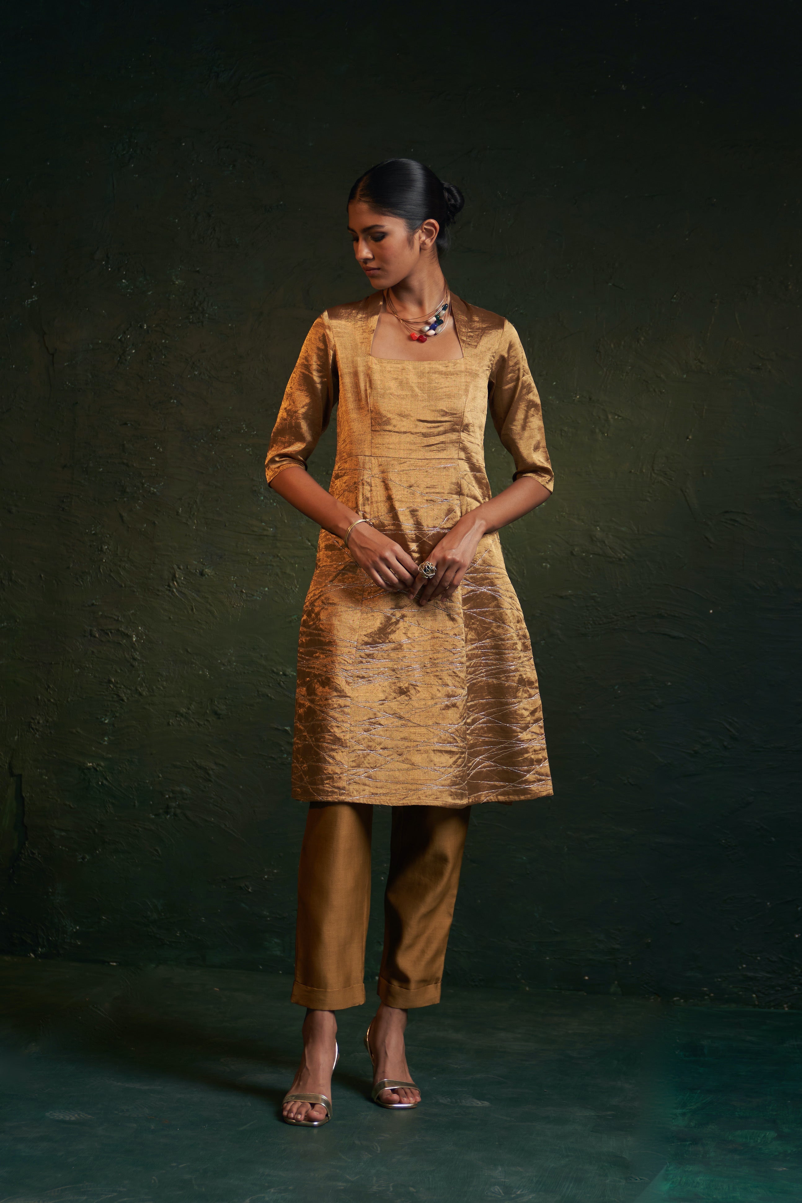 CY Charkhee Gold Tissue Kurta Front 4