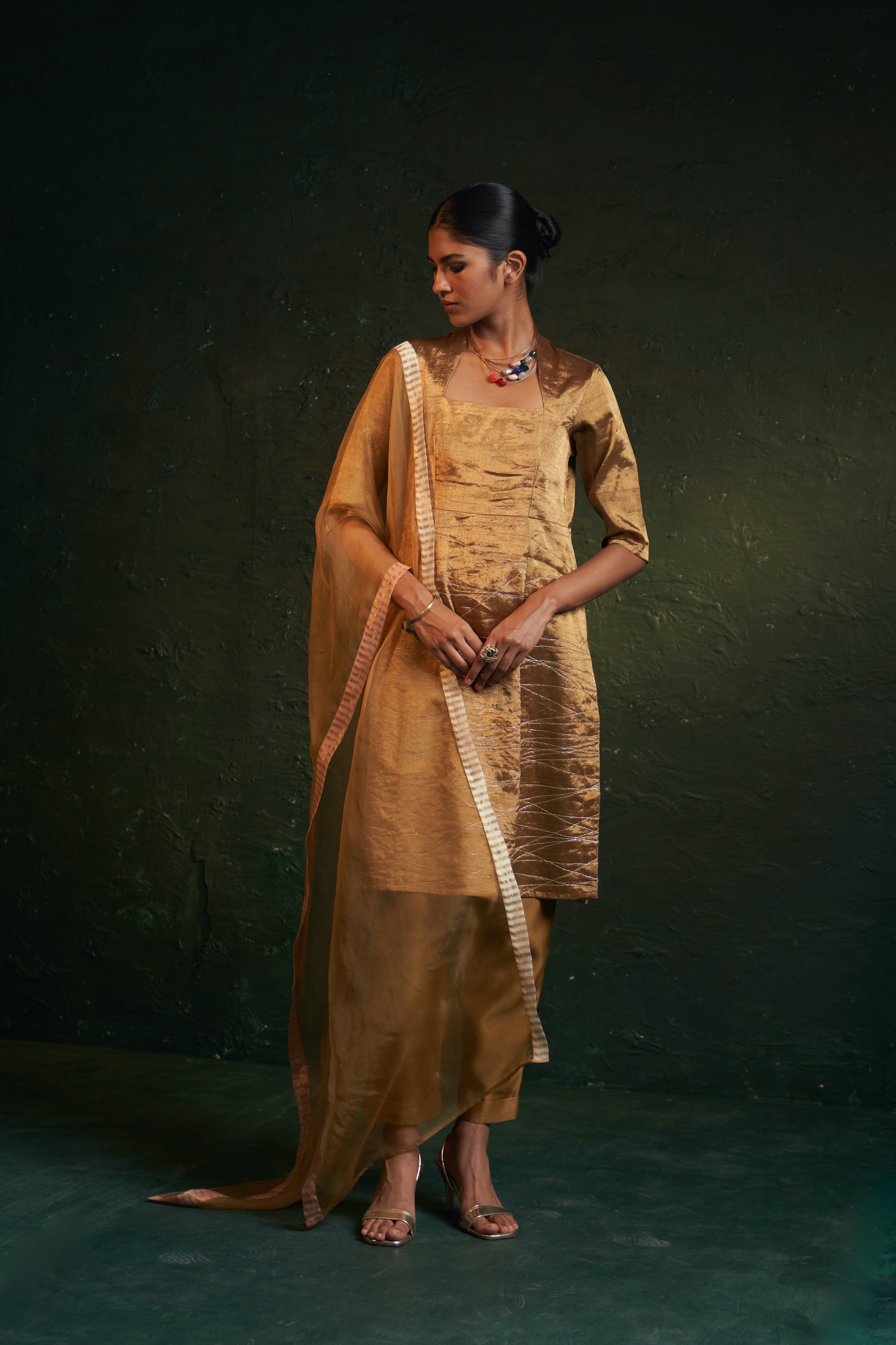 CY Charkhee Gold Tissue Kurta Front 1