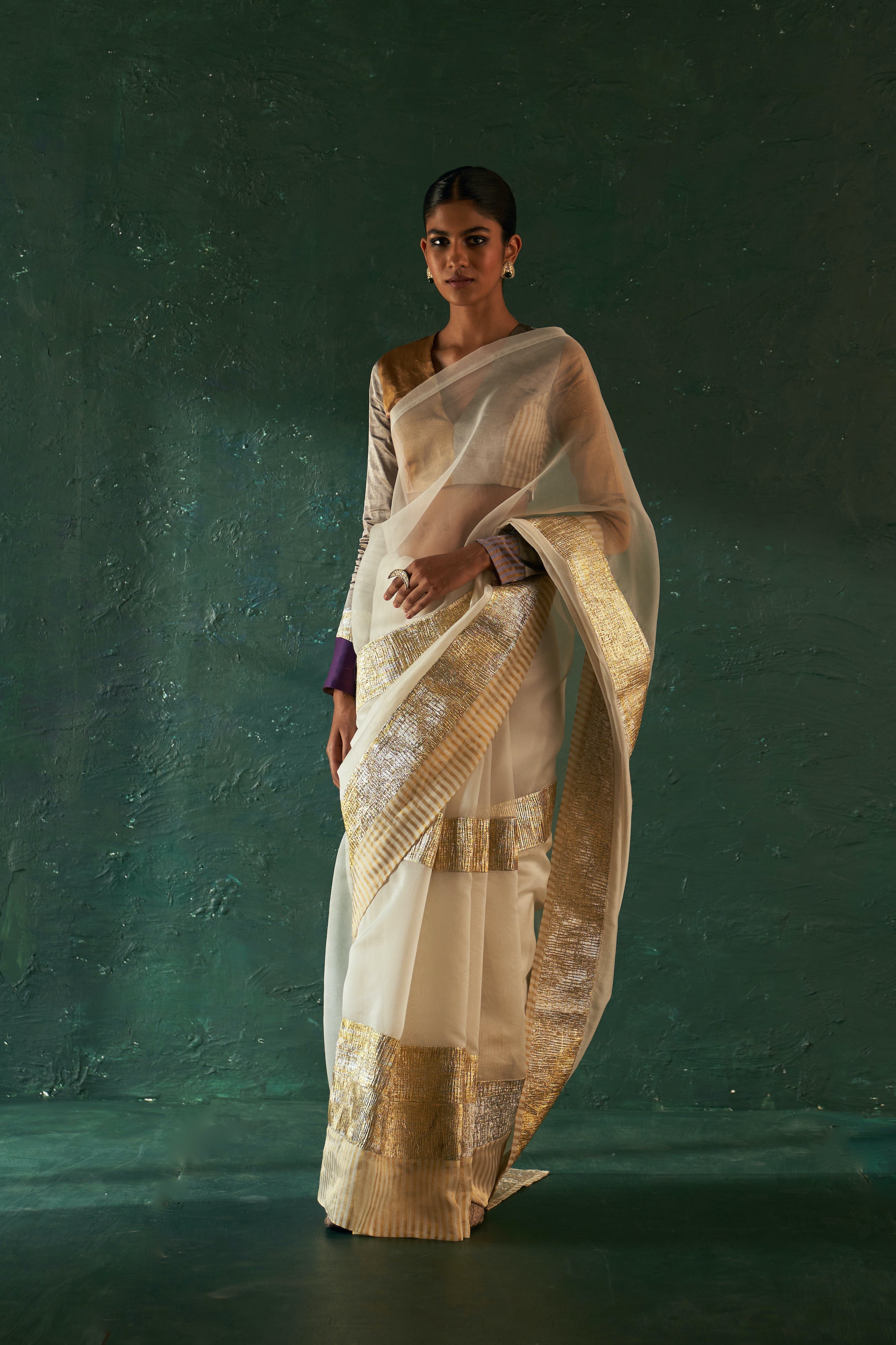 CY Charkhee Ivory Saree With Tissue Blouse Front 1