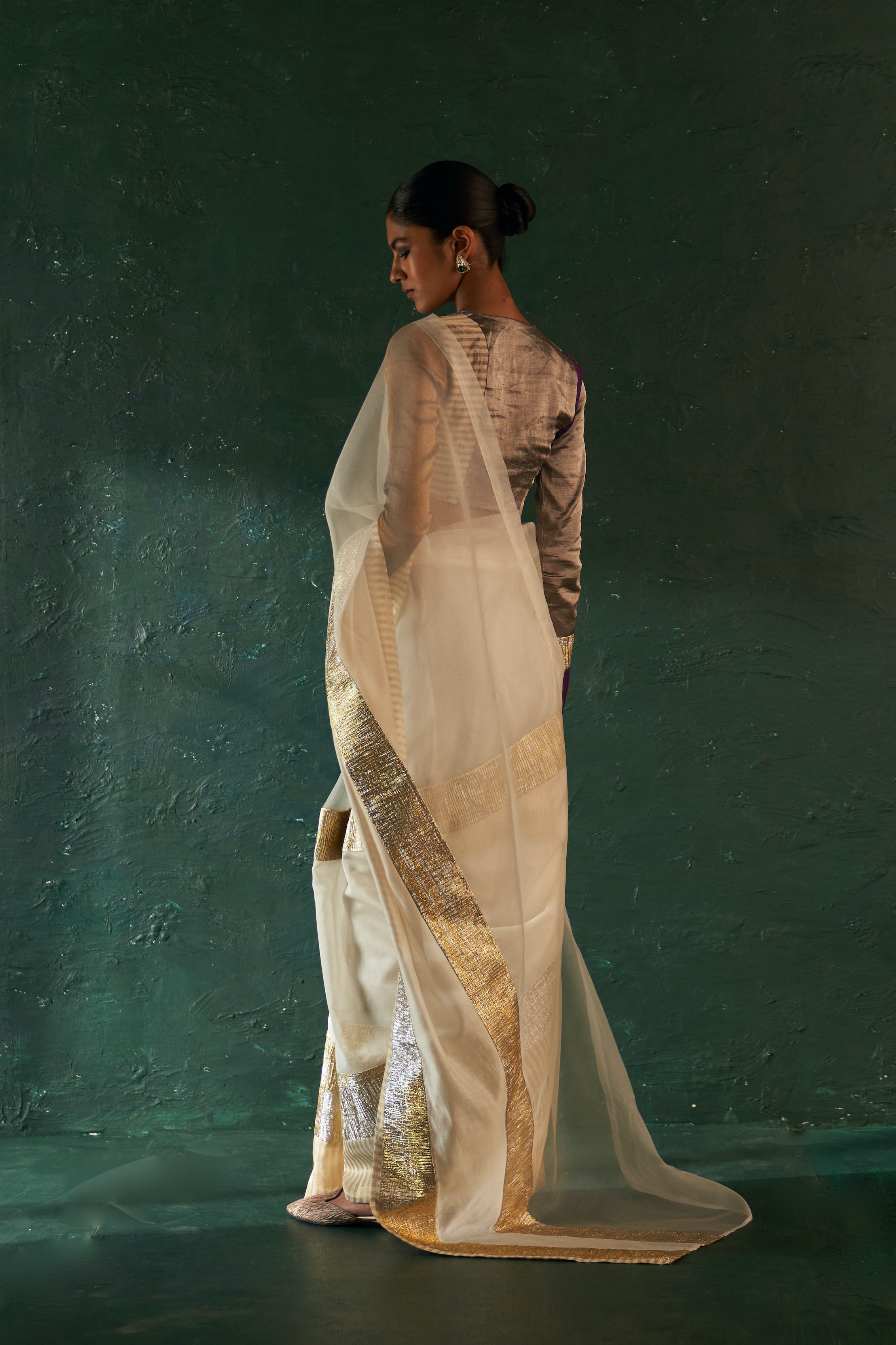 CY Charkhee Ivory Saree With Tissue Blouse Back 1