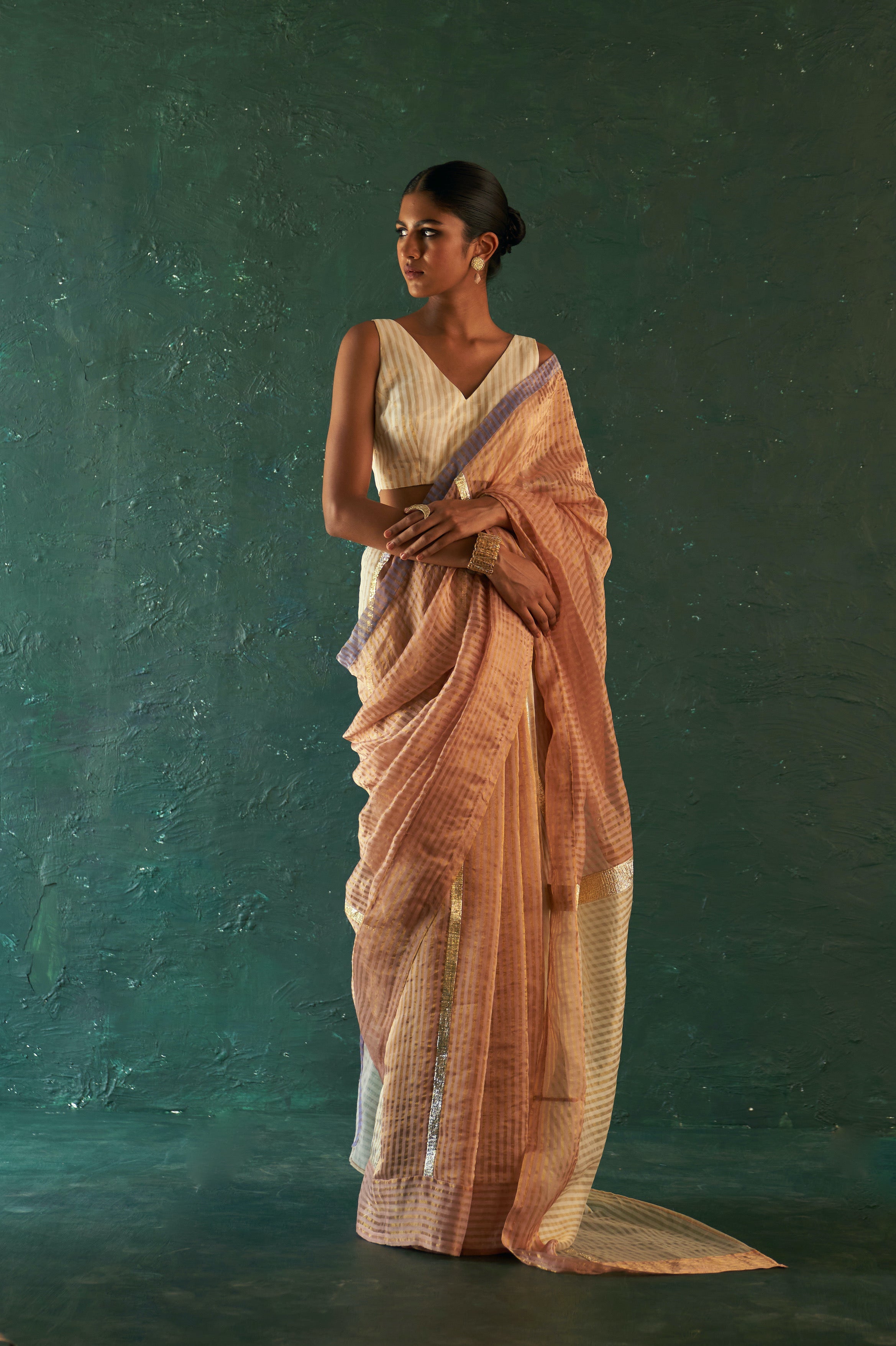 CY Charkhee Old Rose Silk Tissue Saree With Sleeveless Blouse Front 1