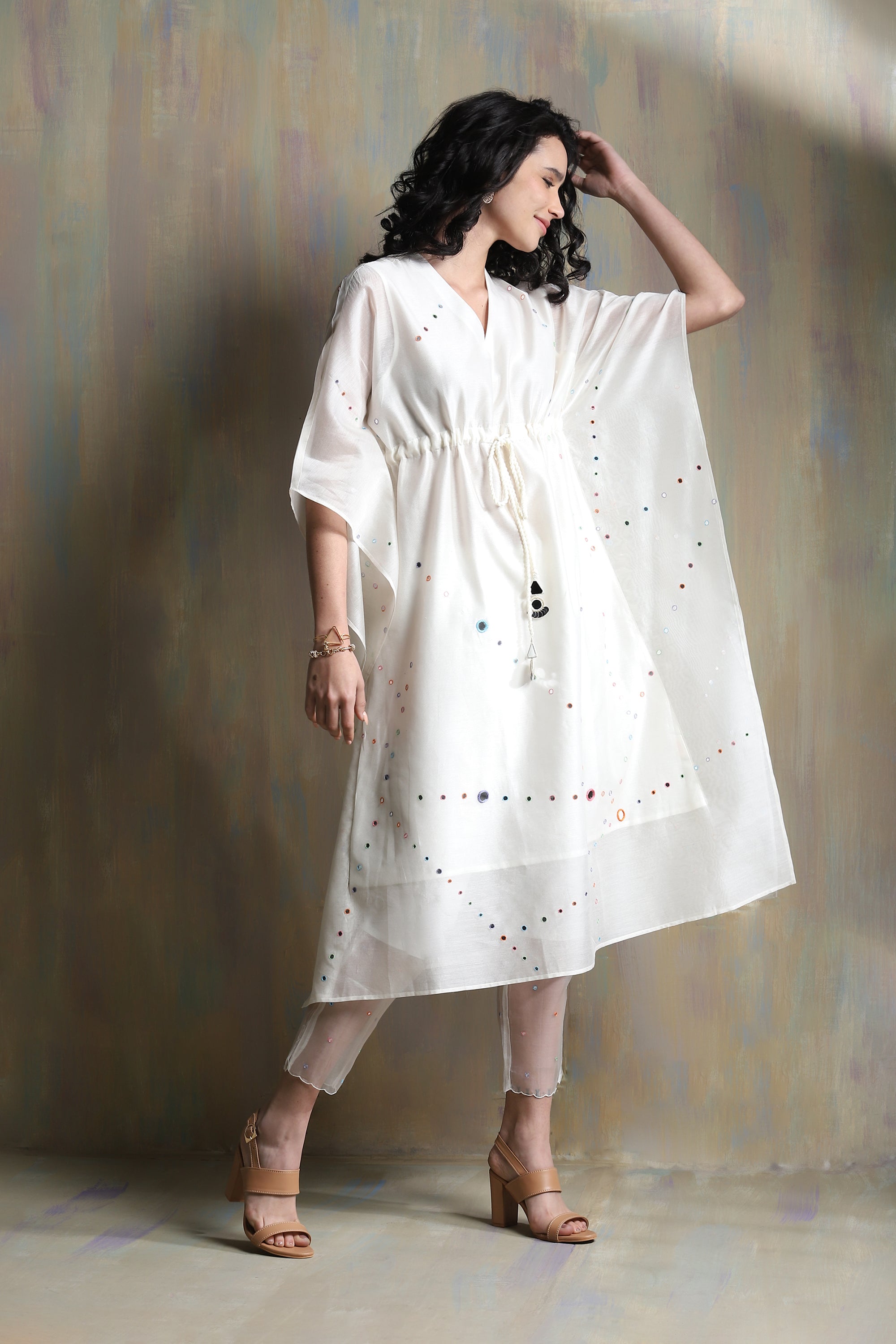 CY Charkhee White Chanderi Kaftan With Pant Front 1