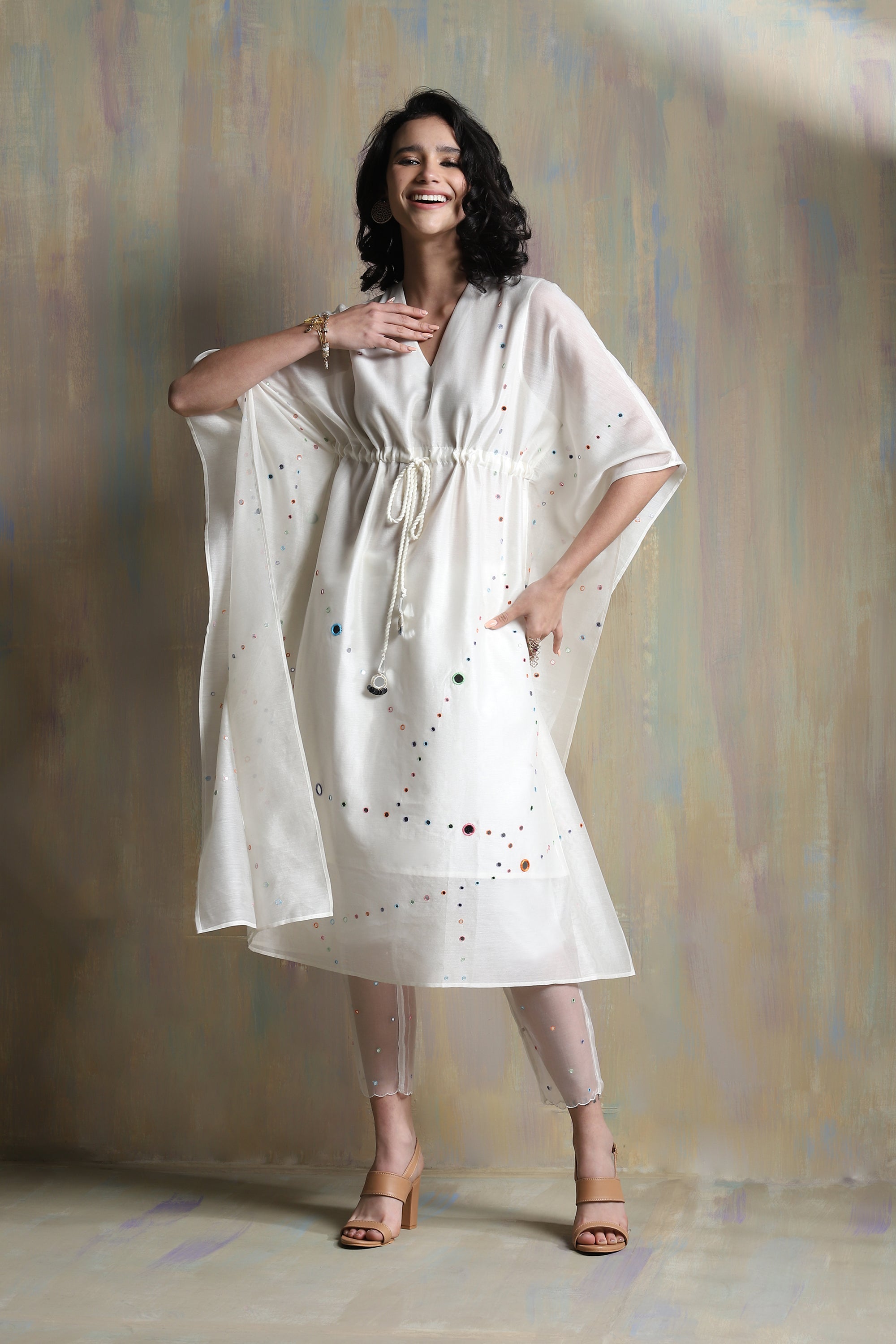 CY Charkhee White Chanderi Kaftan With Pant Front 2