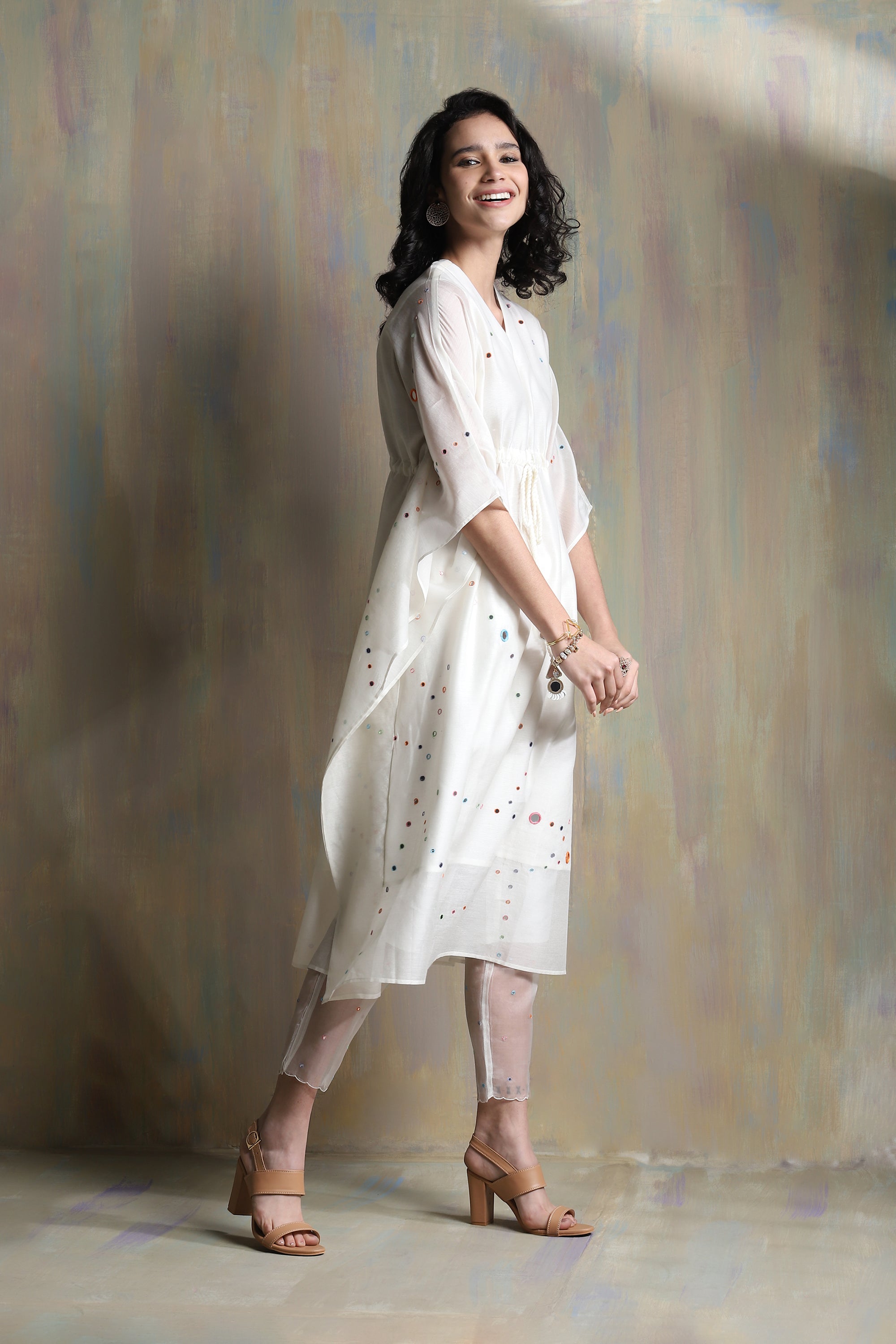 CY Charkhee White Chanderi Kaftan With Pant Side 1