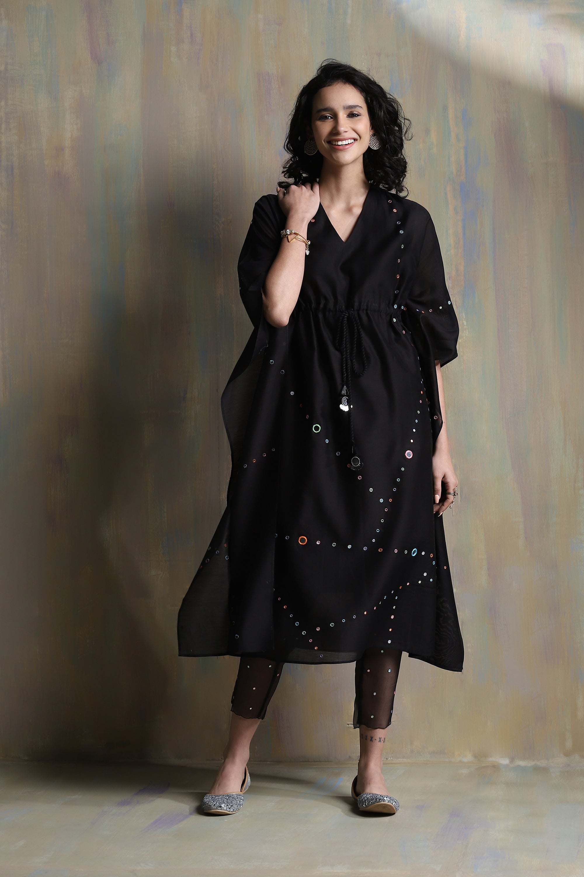 CY Charkhee Black Chanderi Kaftan With Pant Front 1