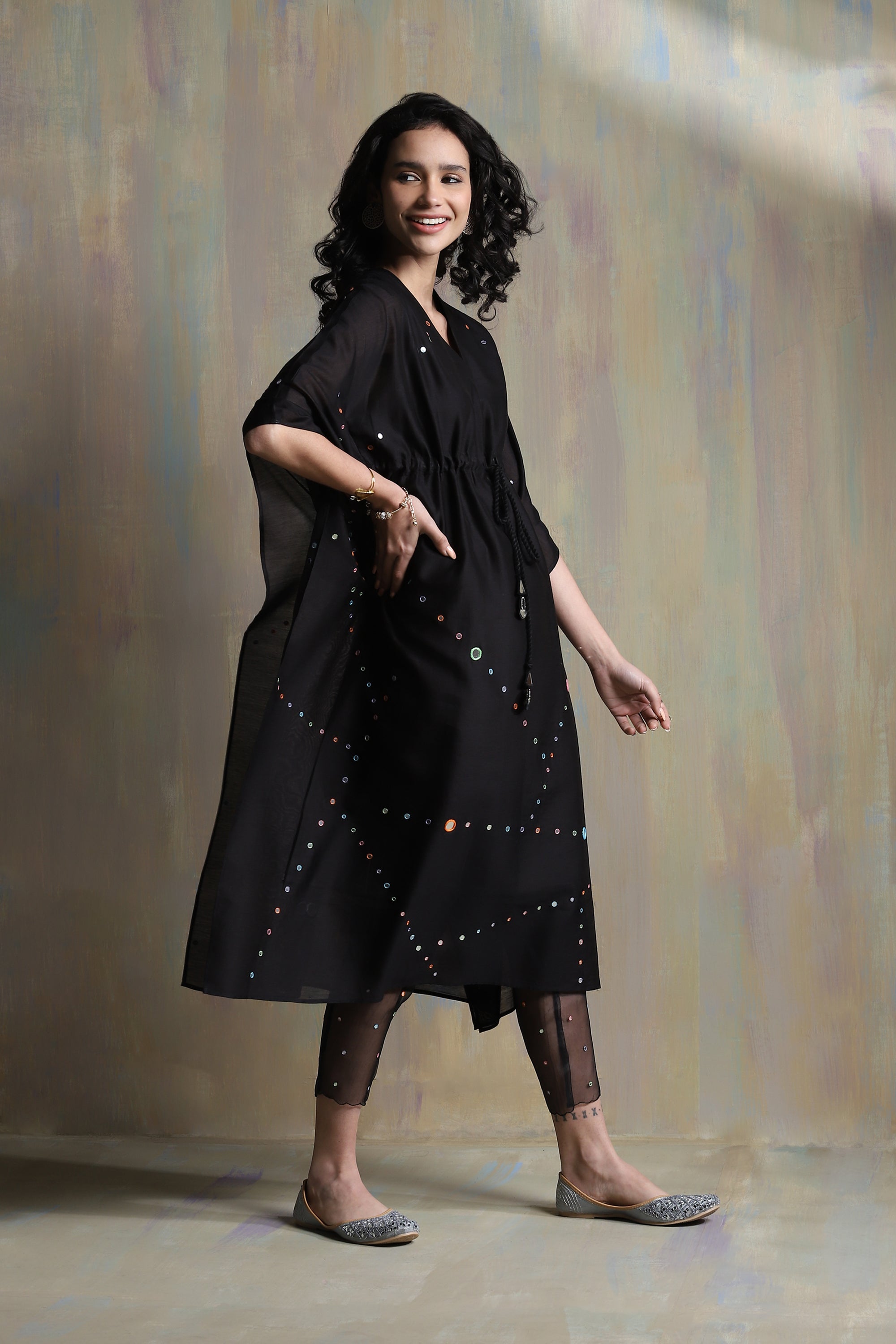 CY Charkhee Black Chanderi Kaftan With Pant Side 1