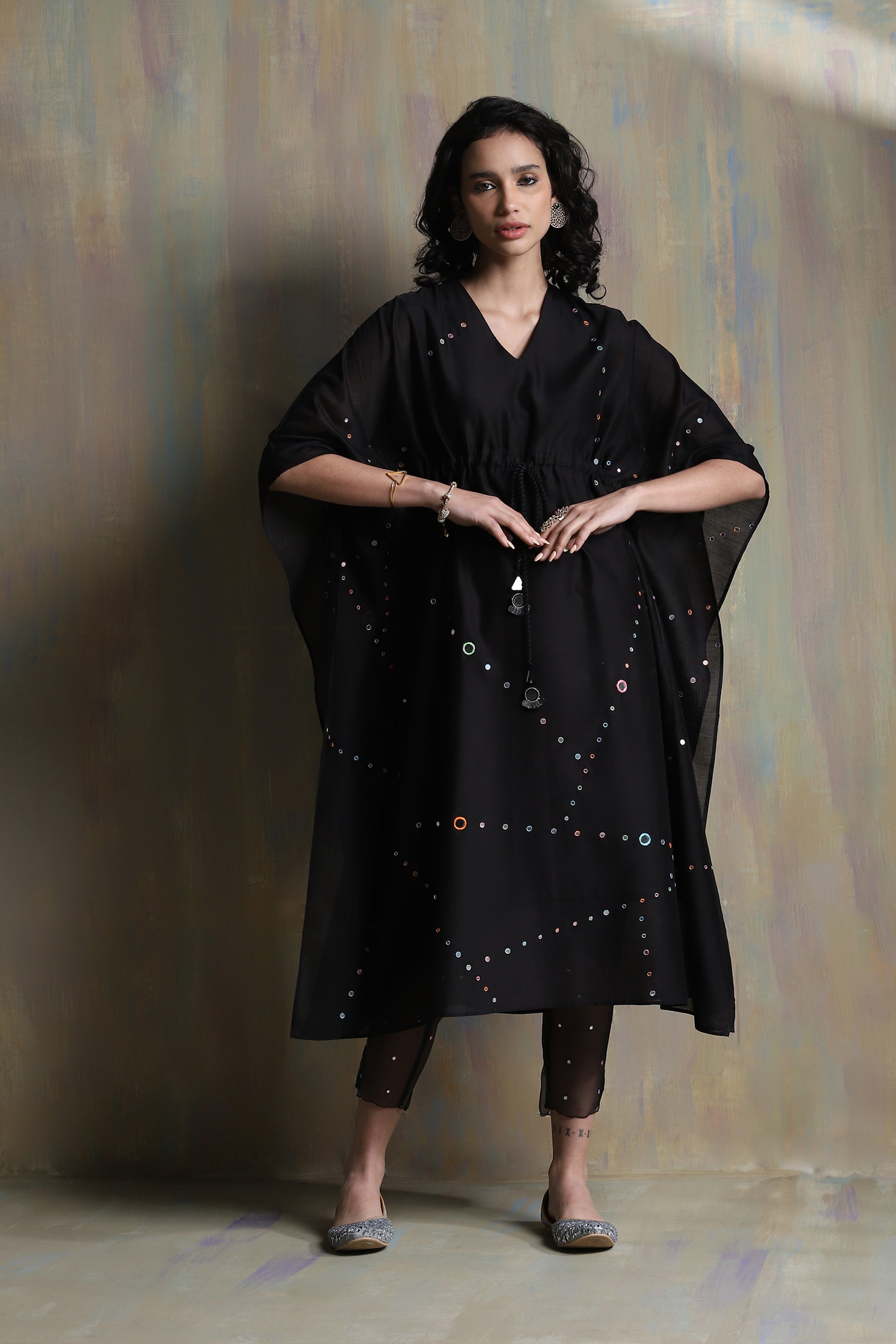 CY Charkhee Black Chanderi Kaftan With Pant Front 2