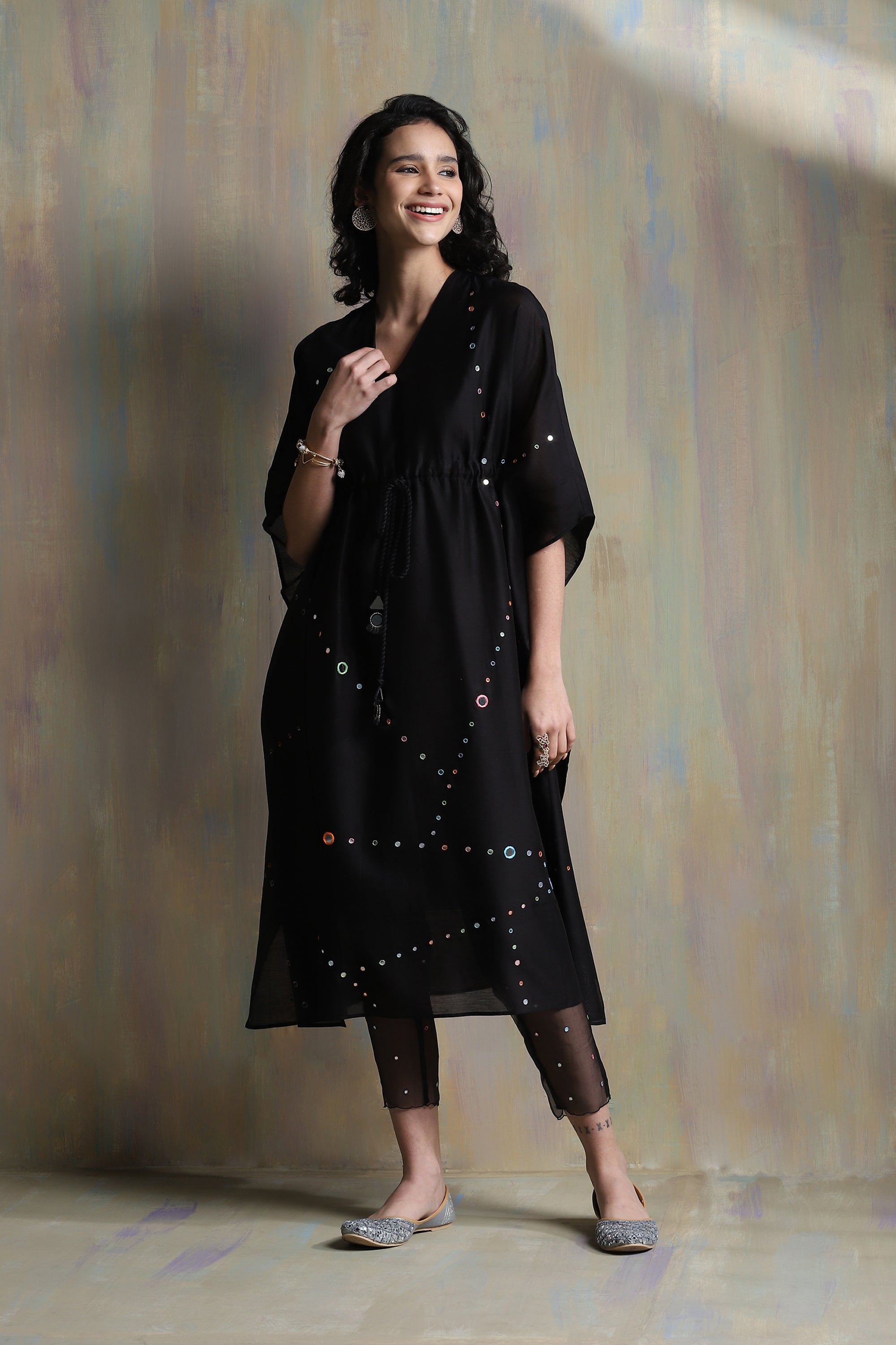 CY Charkhee Black Chanderi Kaftan With Pant Front 3