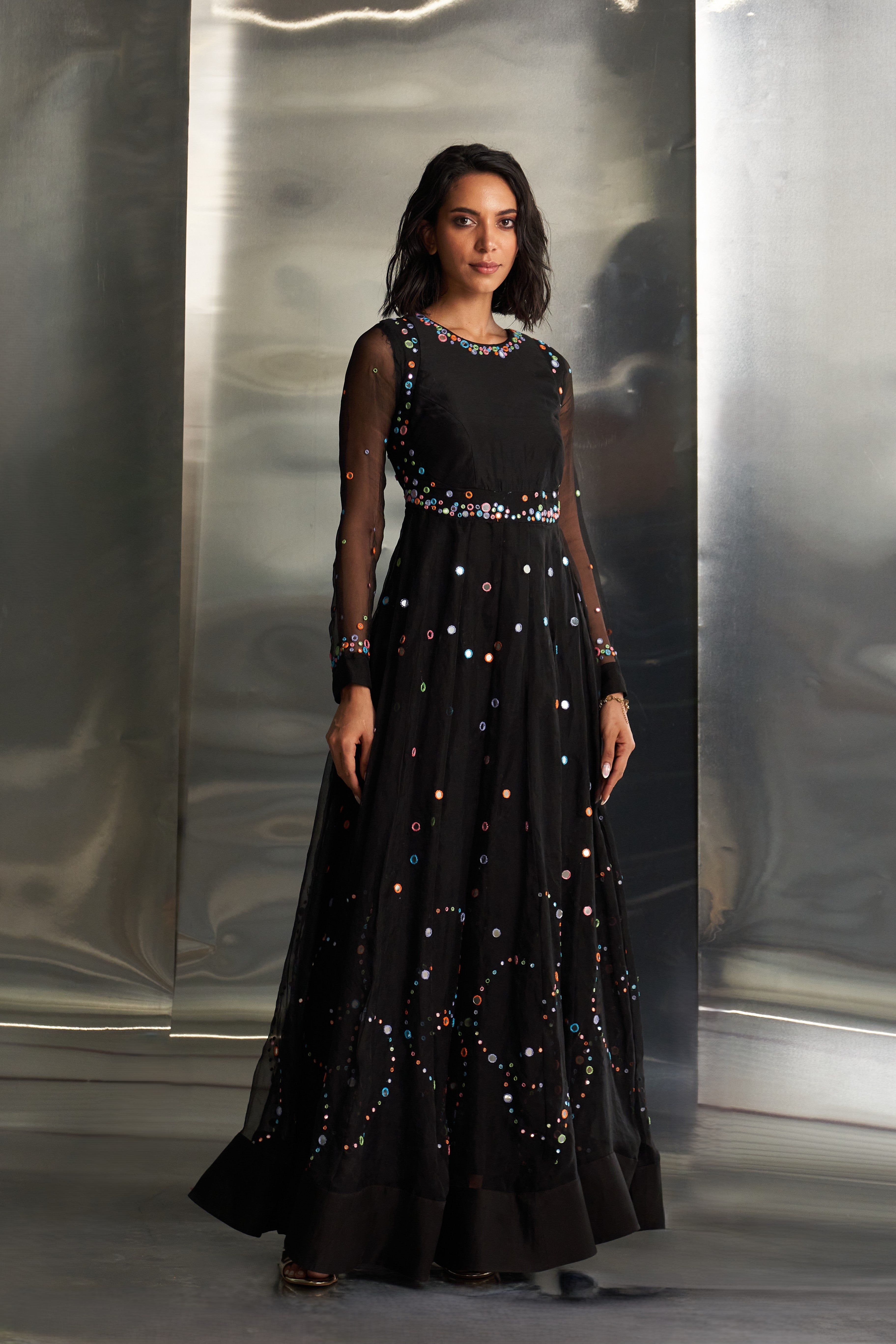 CY Charkhee Black Colourful Mirror Anarkali Front 1