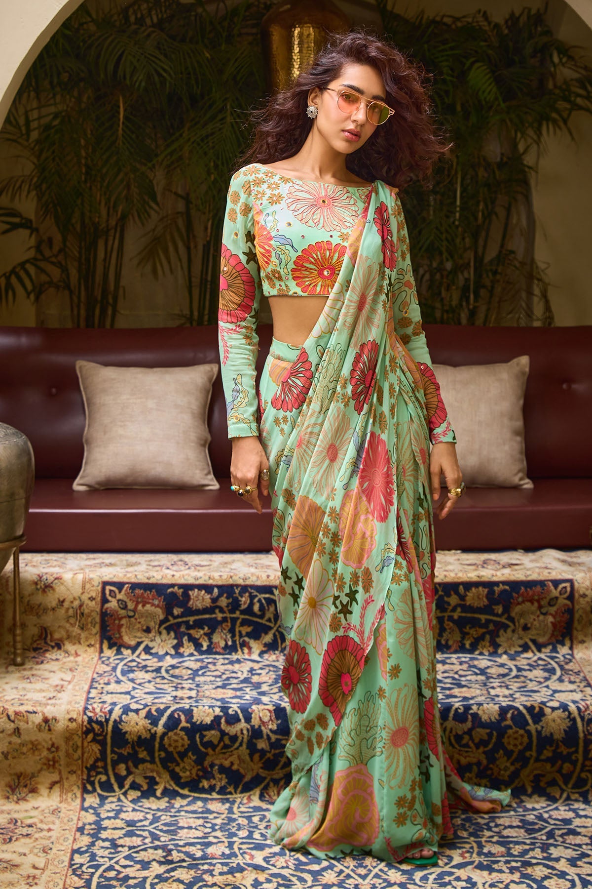Mint Green Floral Print Skirt Saree Set