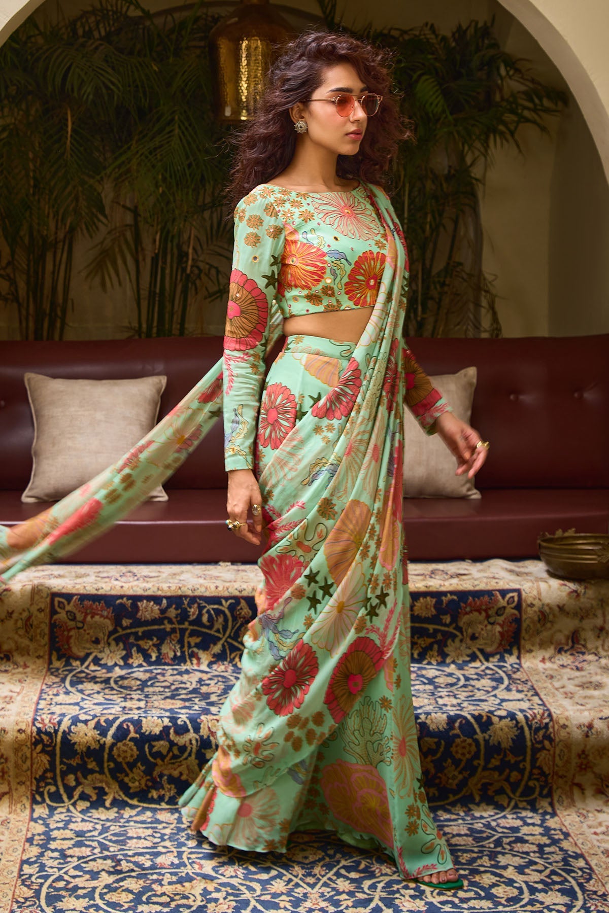 Mint Green Floral Print Skirt Saree Set