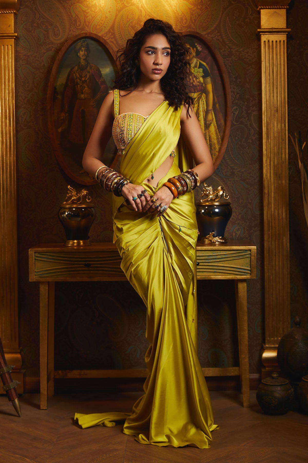 Multicolour Embroidered Lime Yellow Skirt Saree Set