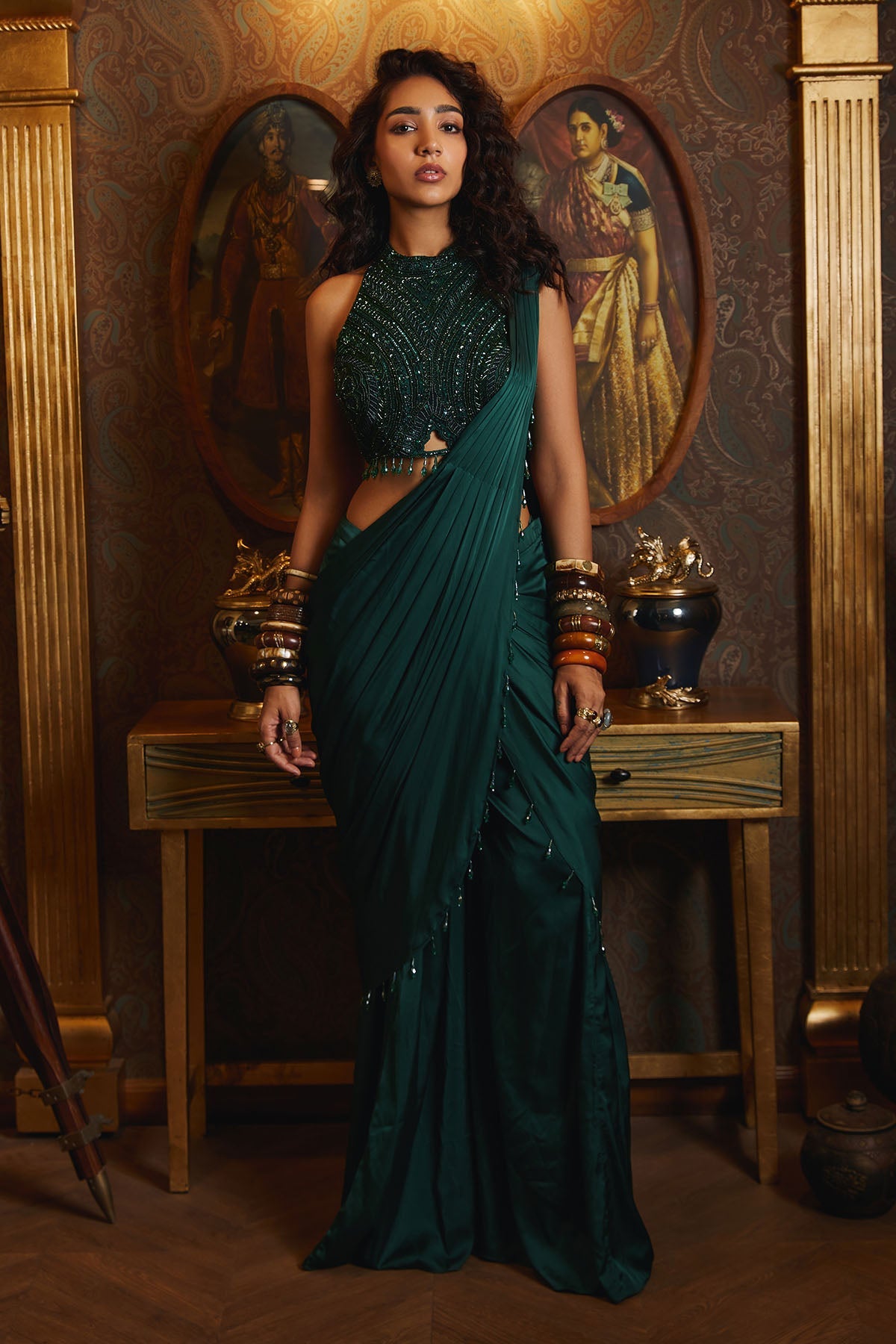 Emerald Green Sharara Pant Saree Set