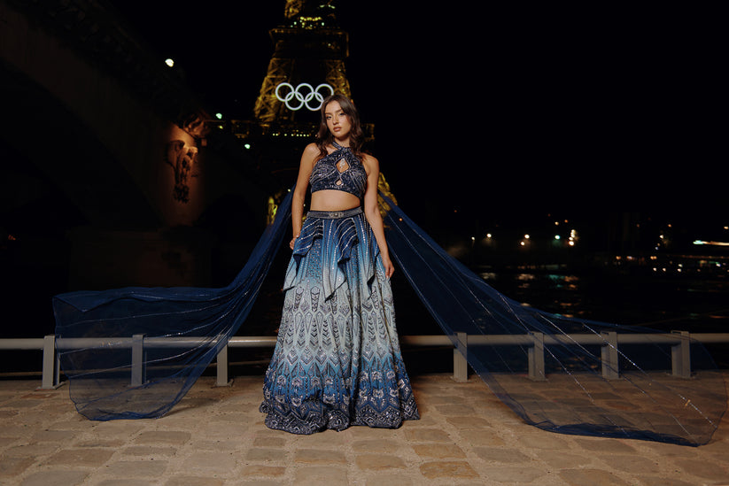 Blue Ombre Embroidered Lehenga Set