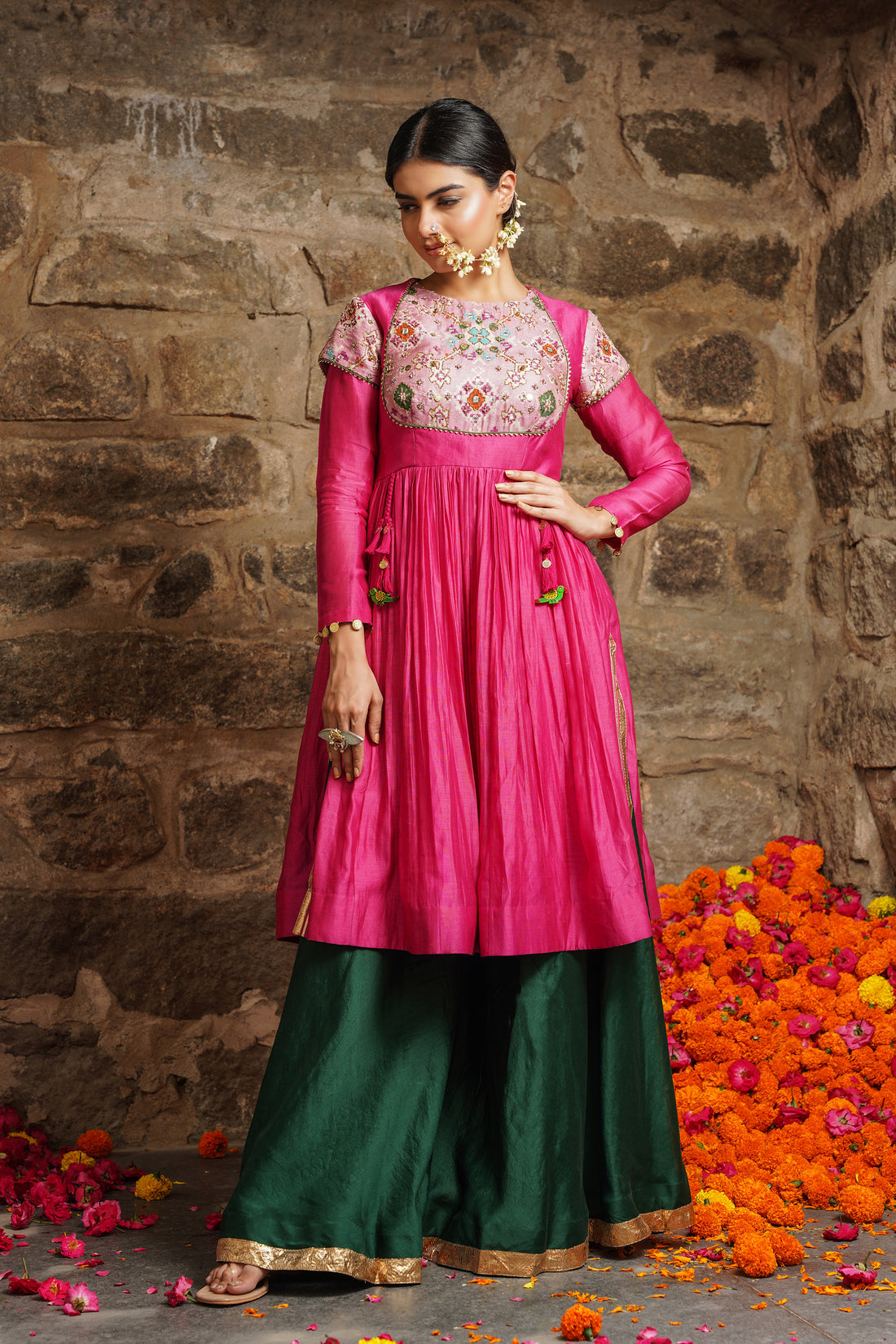 Shabnam-Sizzling Pink With Emerald Green Sharara Set