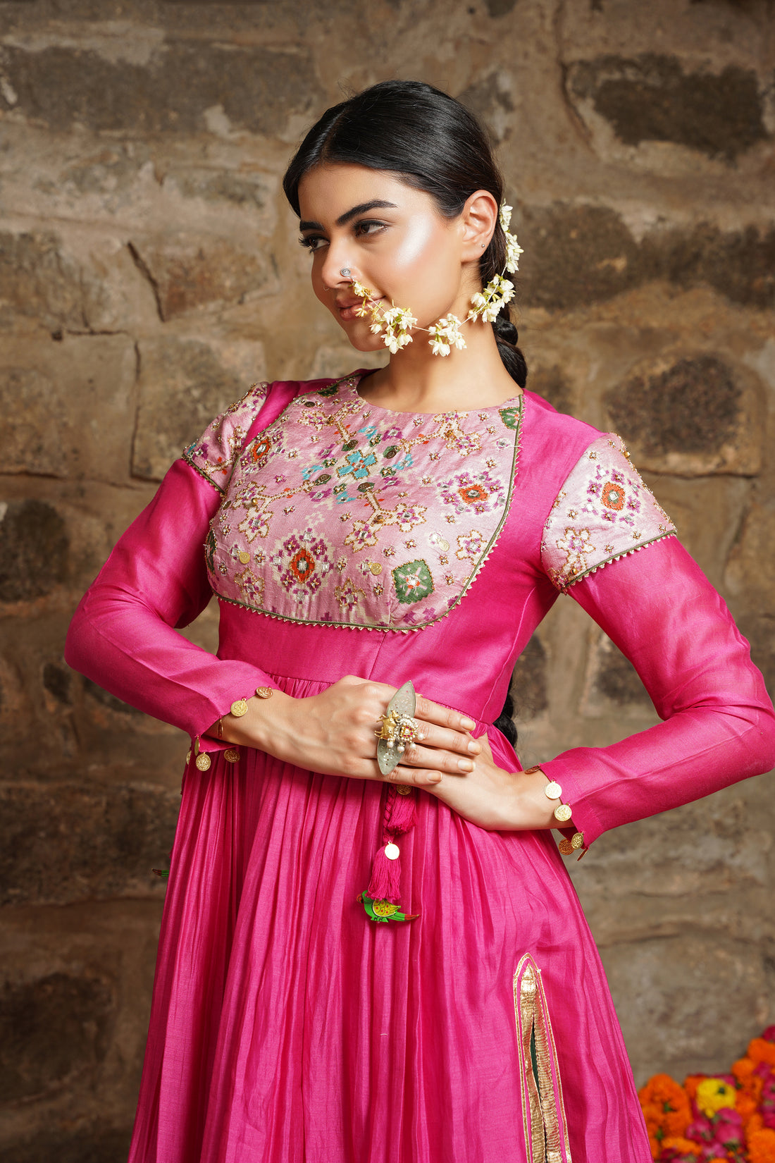 Shabnam-Sizzling Pink With Emerald Green Sharara Set