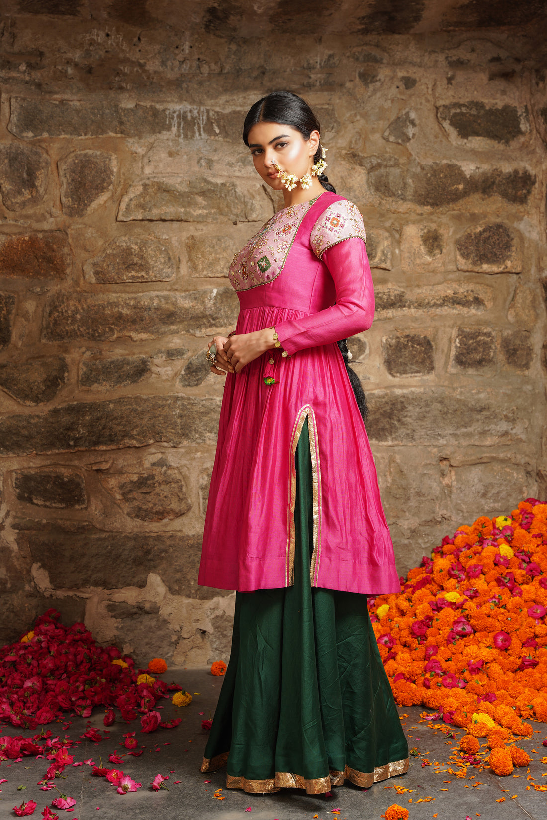 Shabnam-Sizzling Pink With Emerald Green Sharara Set