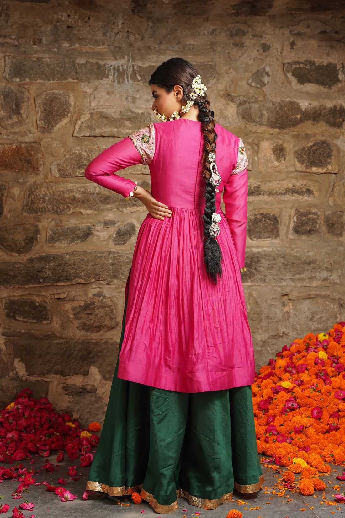 Shabnam-Sizzling Pink With Emerald Green Sharara Set