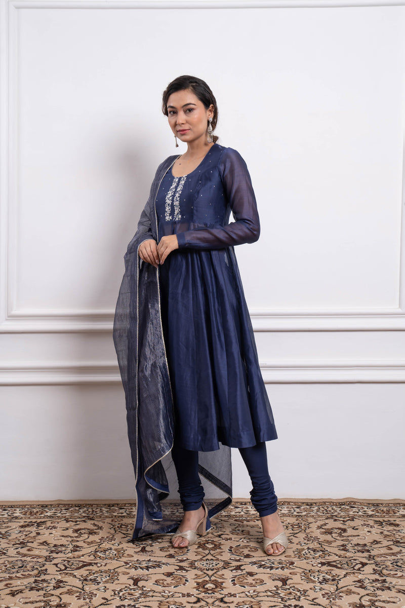  CY Vinusto Embroidered Blue Chanderi Anarkali Set With Churidar Front 2