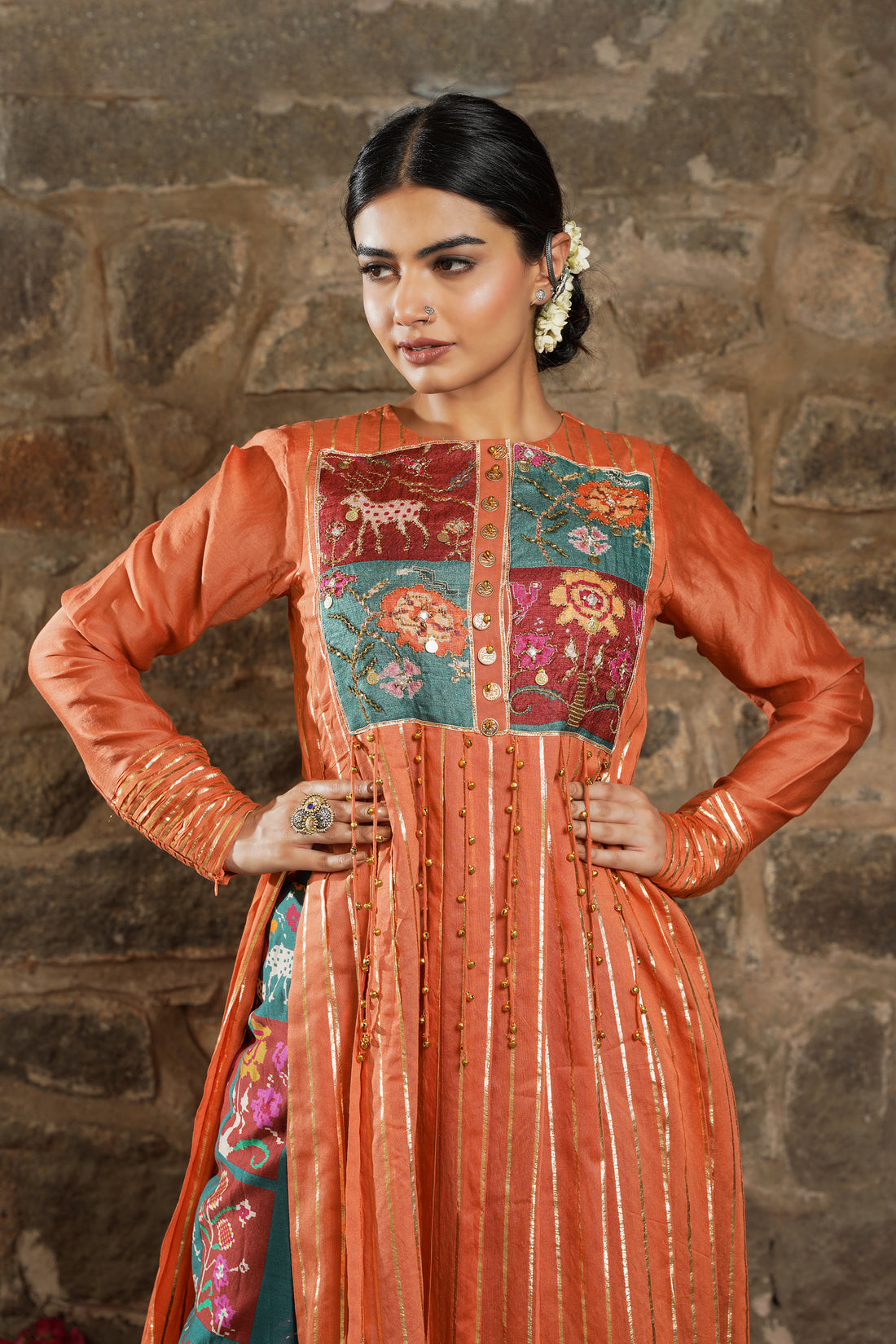 Leiyla-Orange Burst Chanderi Kurti Set