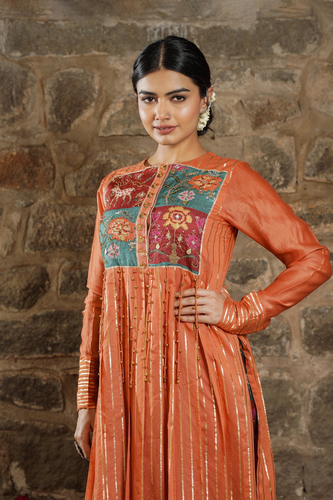 Leiyla-Orange Burst Chanderi Kurti Set