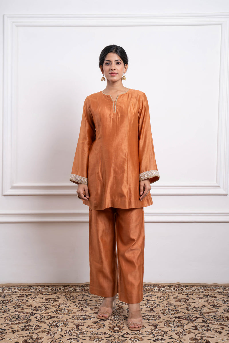  CY Vinusto Saffron Brown Short Kurta Set Front 2