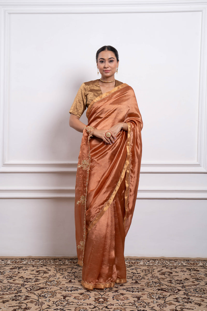  CY Vinusto Embroidered Saffron Brown Silk Saree Front 2