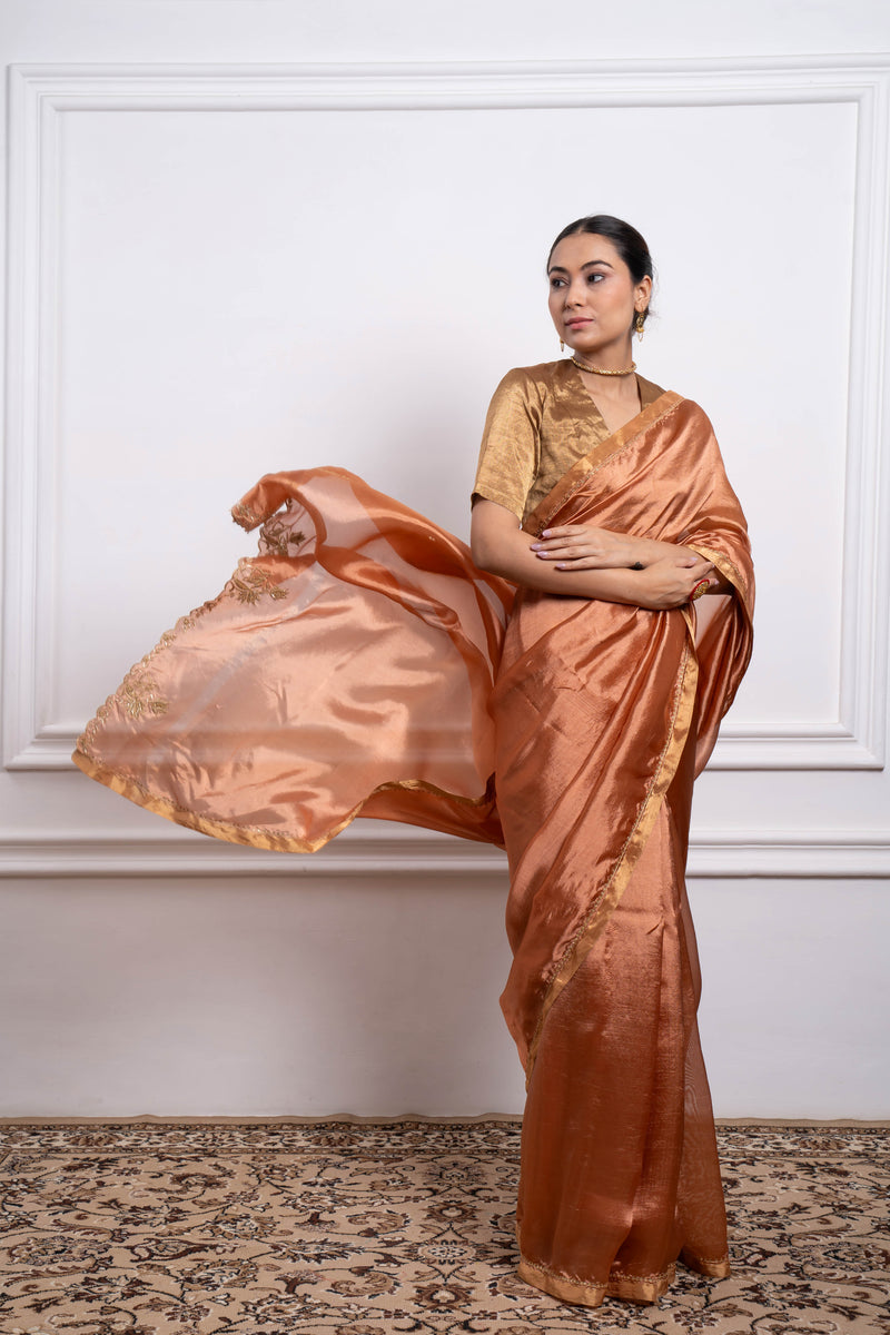  CY Vinusto Embroidered Saffron Brown Silk Saree Front 1