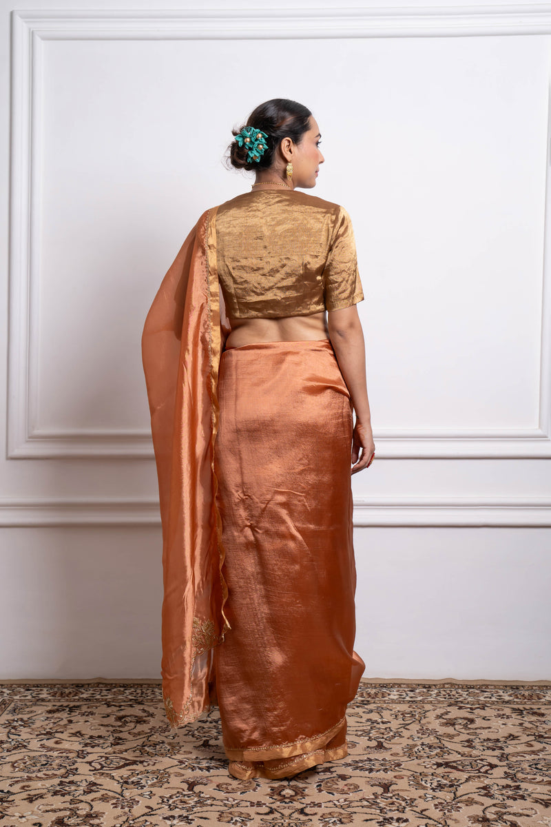  CY Vinusto Embroidered Saffron Brown Silk Saree Back 1