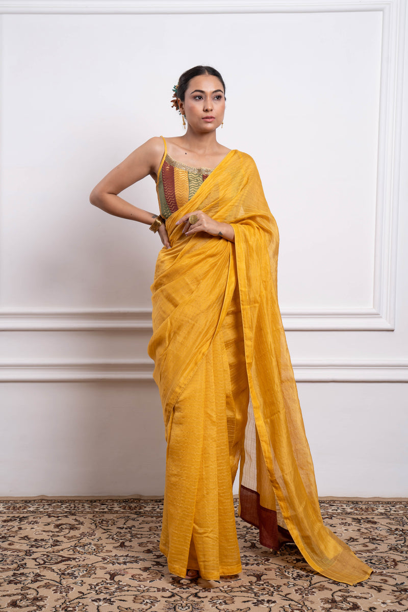  CY Vinusto Multicolor Blouse With Yellow Striped Saree Front 2