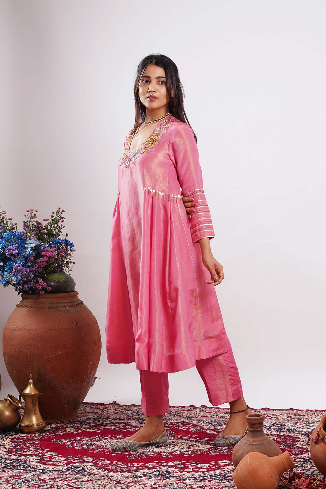 Mehru-Bubblegum Pink Embroidered Kurti Set