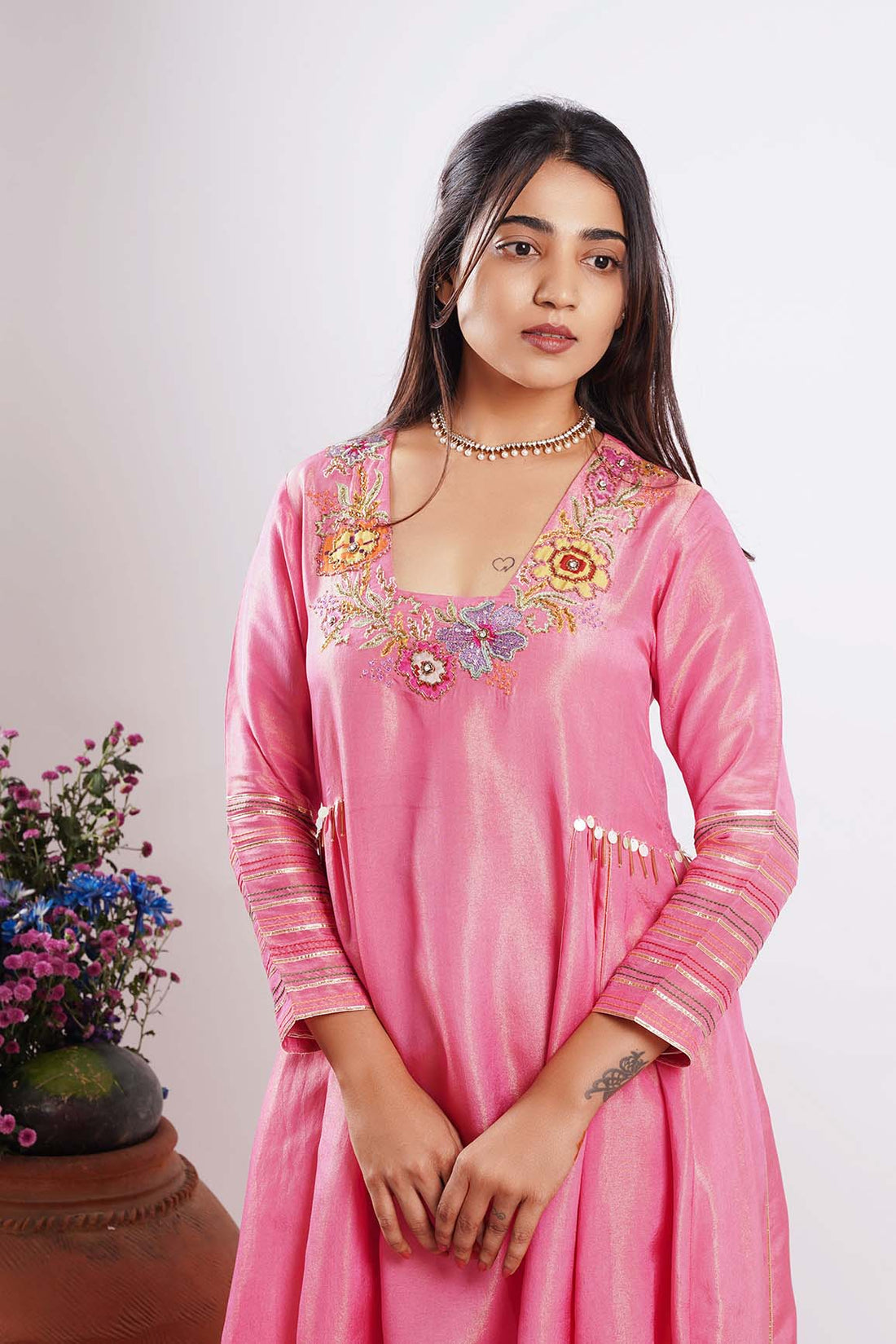 Mehru-Bubblegum Pink Embroidered Kurti Set