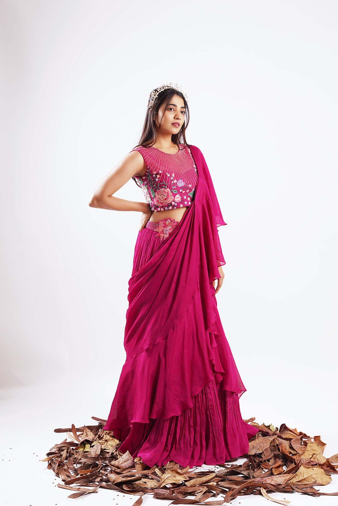 Azelie-Nakshatra Pink Hand Embroidered Pre Draped Saree