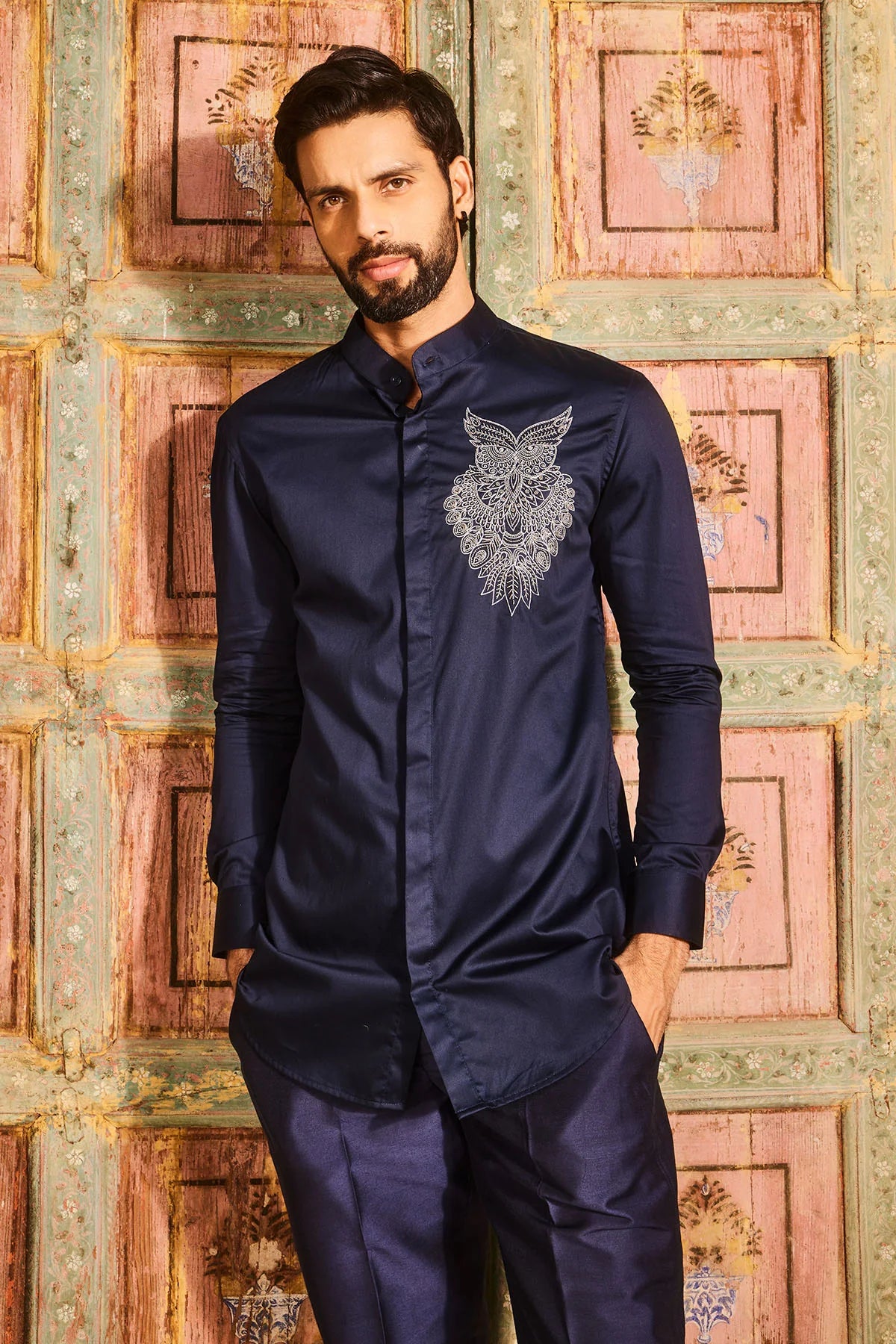 DARK BLUE EMBROIDERED SHIRT AND PANT SET