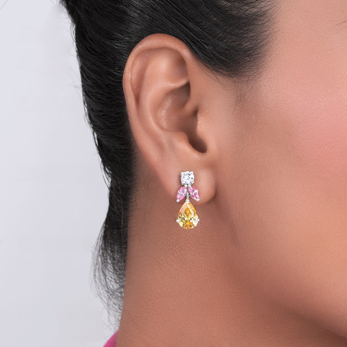 Mix Shape White,Yellow And Pink Swarovski Zirconia Earrings