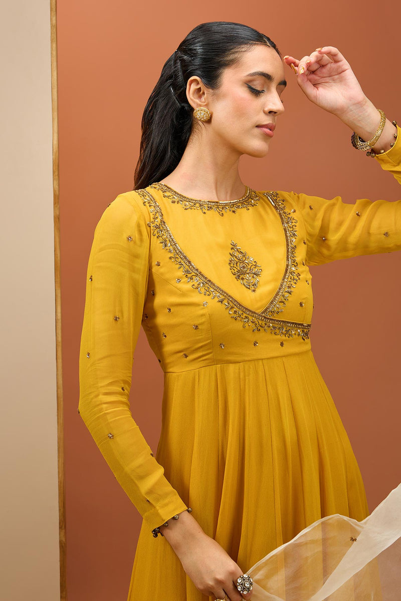 CY Esha Koul Mustard Anrakali Set Closeup 1