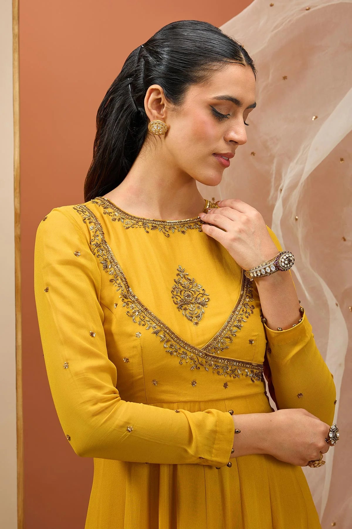 CY Esha Koul Mustard Anrakali Set Closeup 2