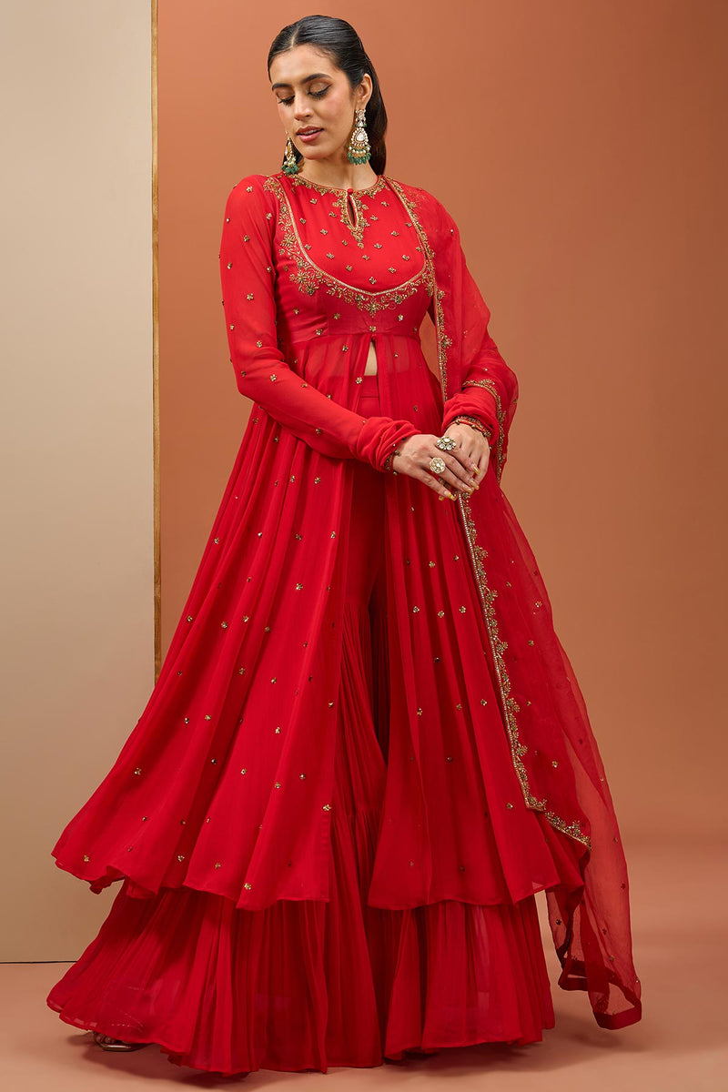 CY Esha Koul Red Anrakali Set Front 2