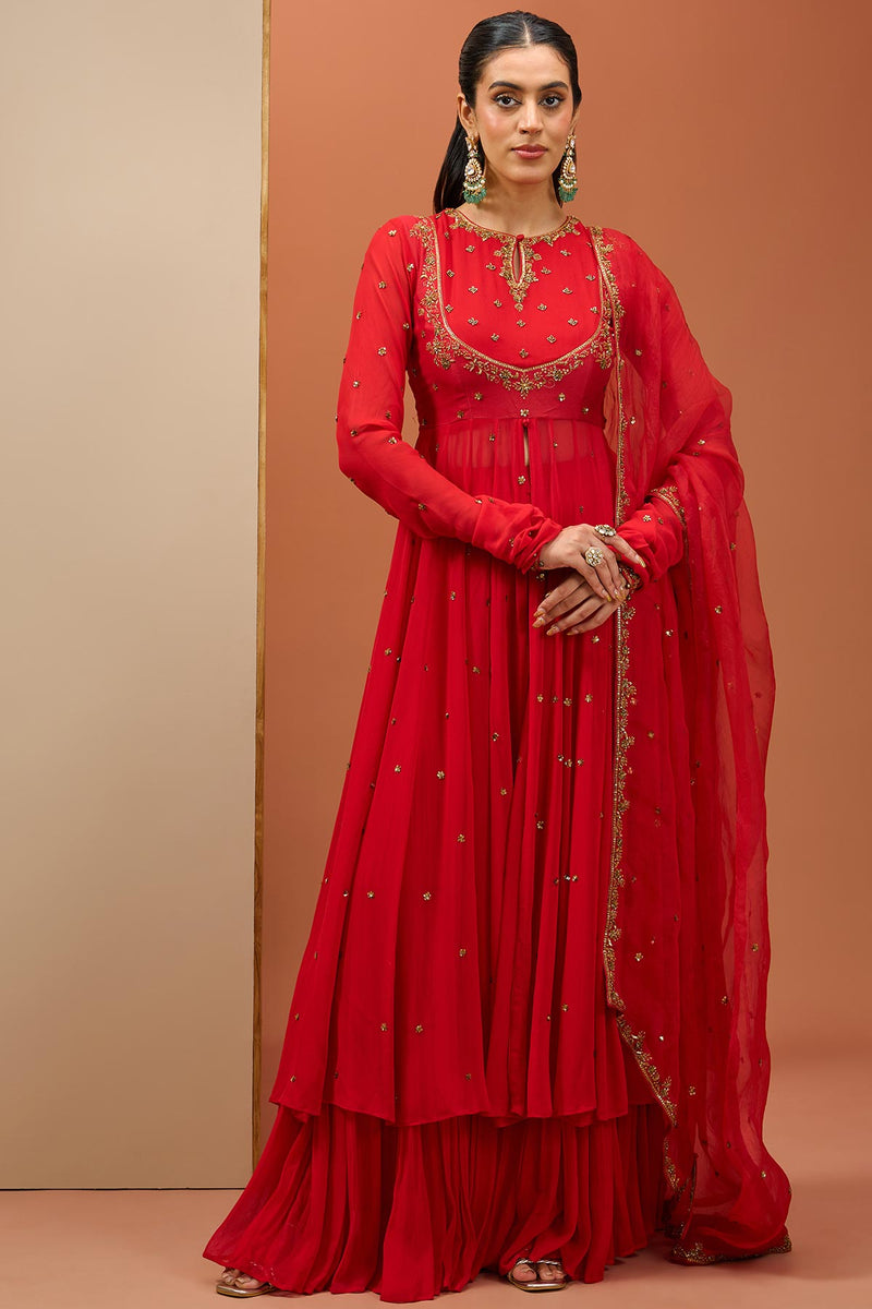 CY Esha Koul Red Anrakali Set Front 1