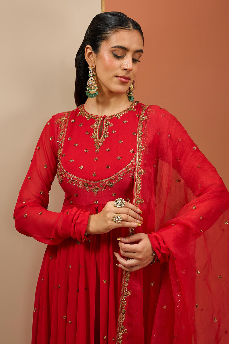 CY Esha Koul Red Anrakali Set Closeup 1