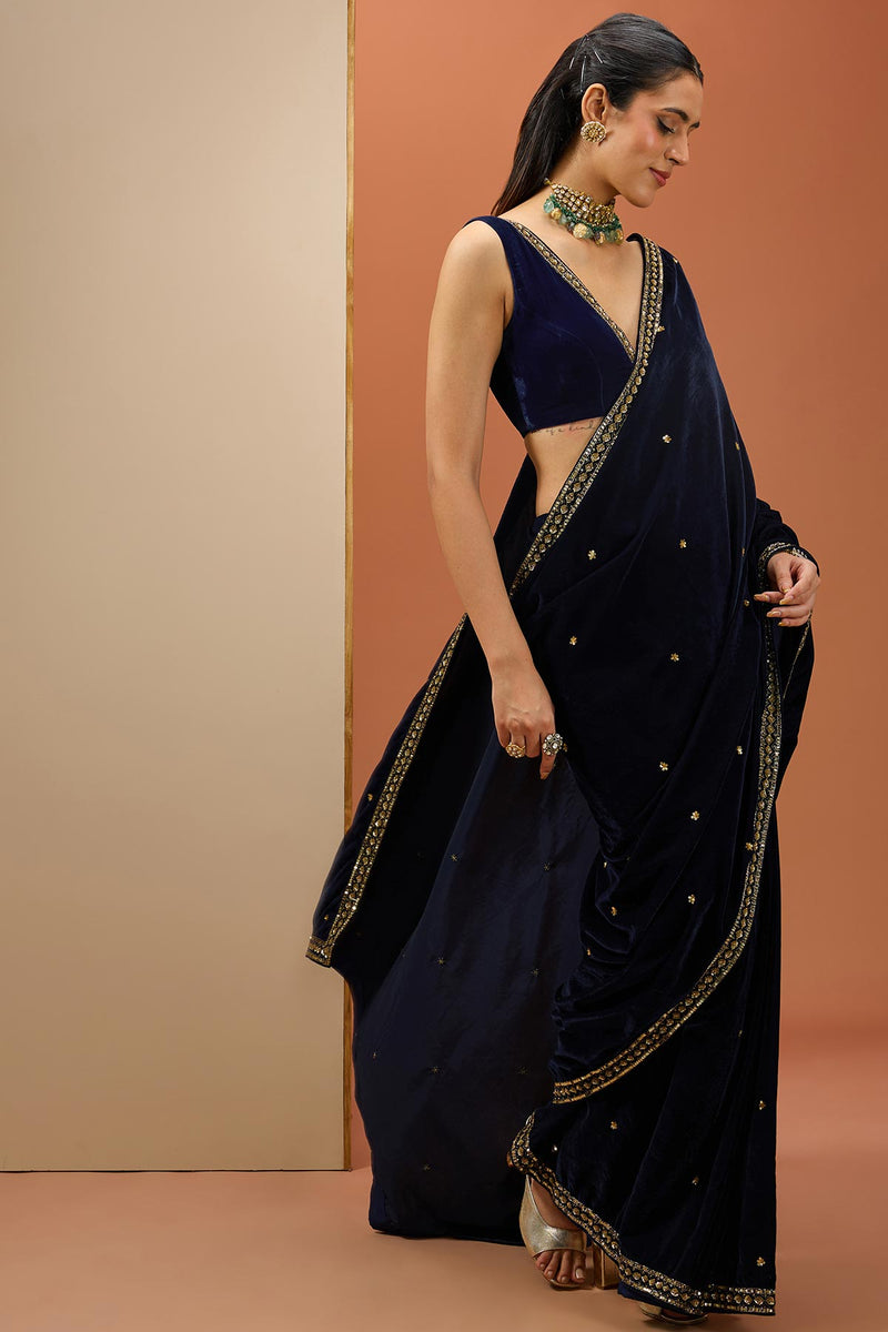 CY Esha Koul Blue Velvet Saree Set Front 1