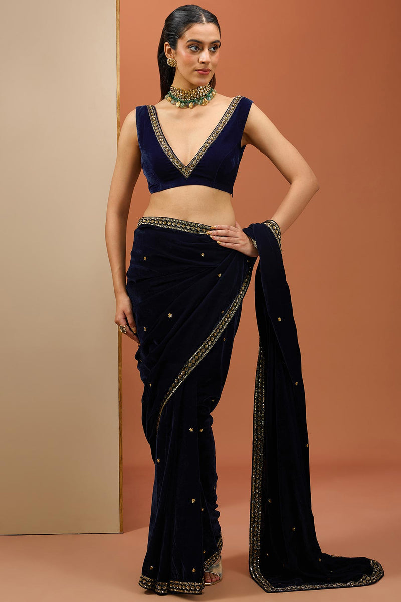 CY Esha Koul Blue Velvet Saree Set Front 1