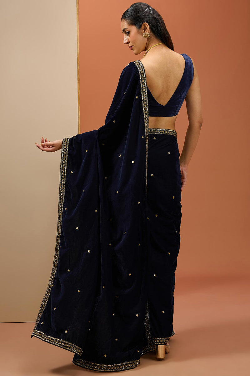 CY Esha Koul Blue Velvet Saree Set Back 1